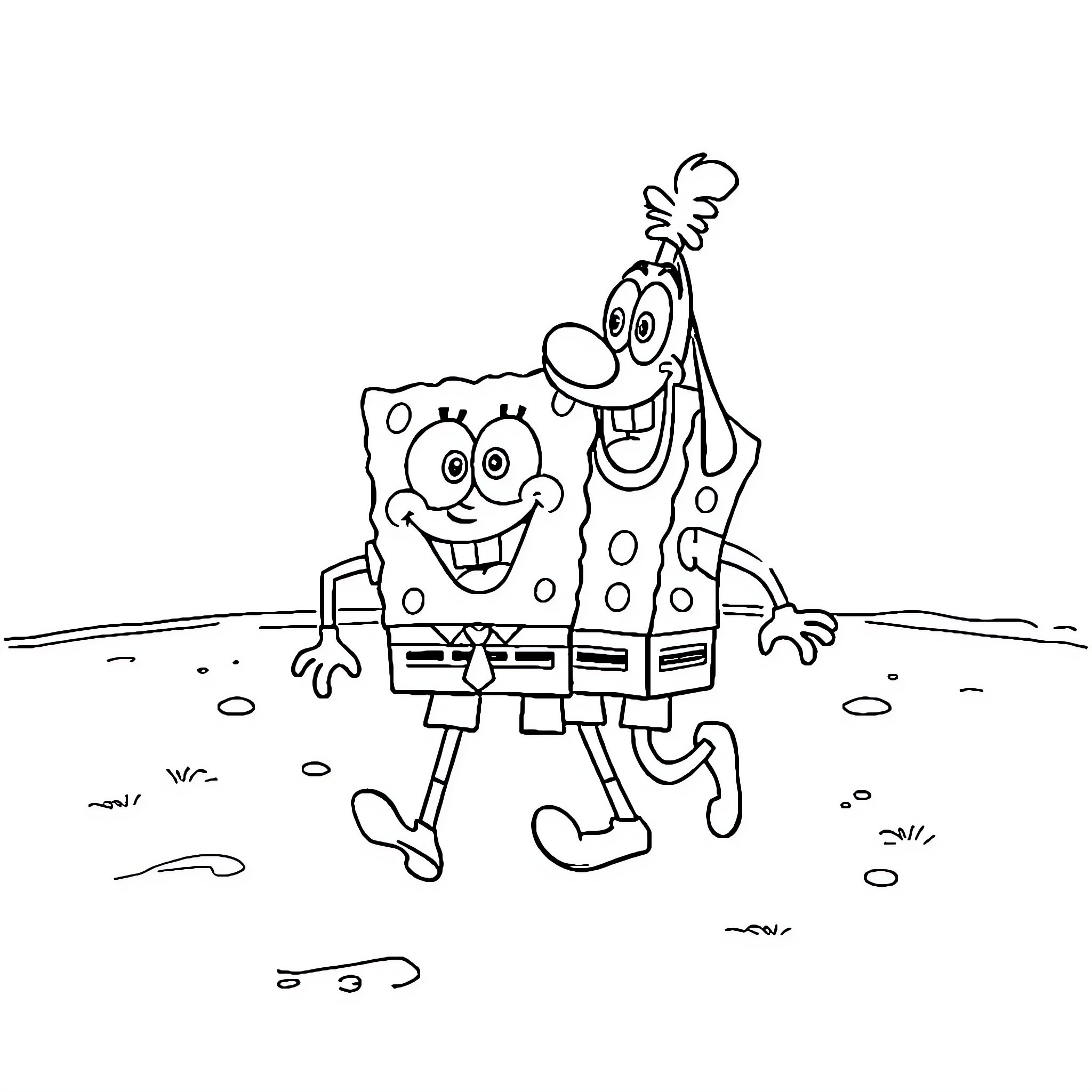 Spongebob and Patrick goofing around happily Coloring Page (free black-and-white line drawing printable PDF for all, from beginners to advanced learners, including children, teens, adults, and seniors)