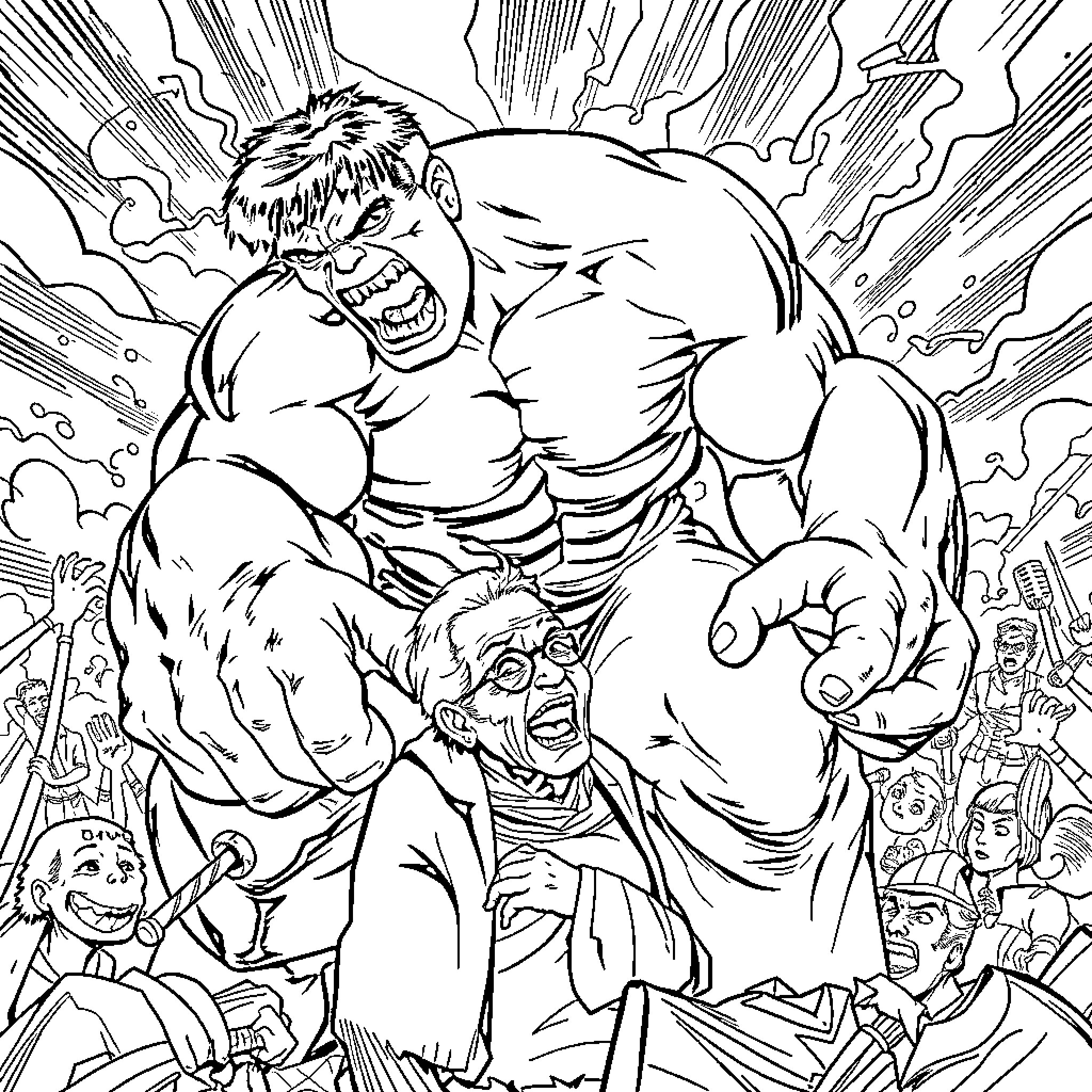 Hulk Unleashing Fury in Chaotic Battle Coloring Page (free black-and-white line drawing printable PDF for all, from beginners to advanced learners, including children, teens, adults, and seniors)