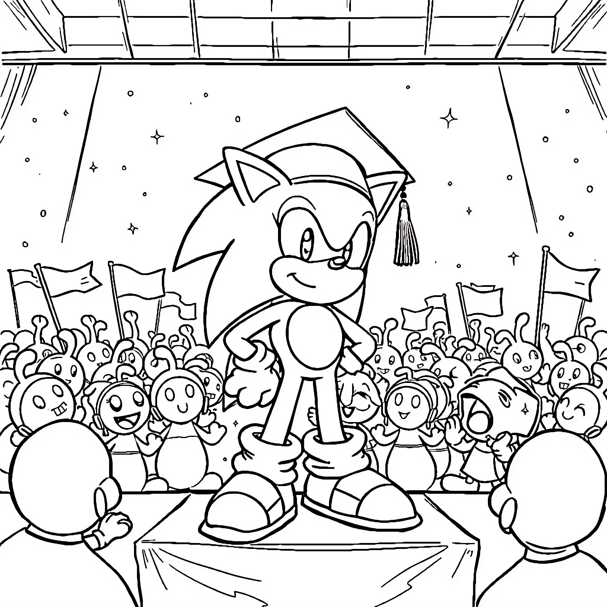 Sonic Celebrates Graduation with Cheering Crowd Coloring Page (free black-and-white line drawing printable PDF for all, from beginners to advanced learners, including children, teens, adults, and seniors)