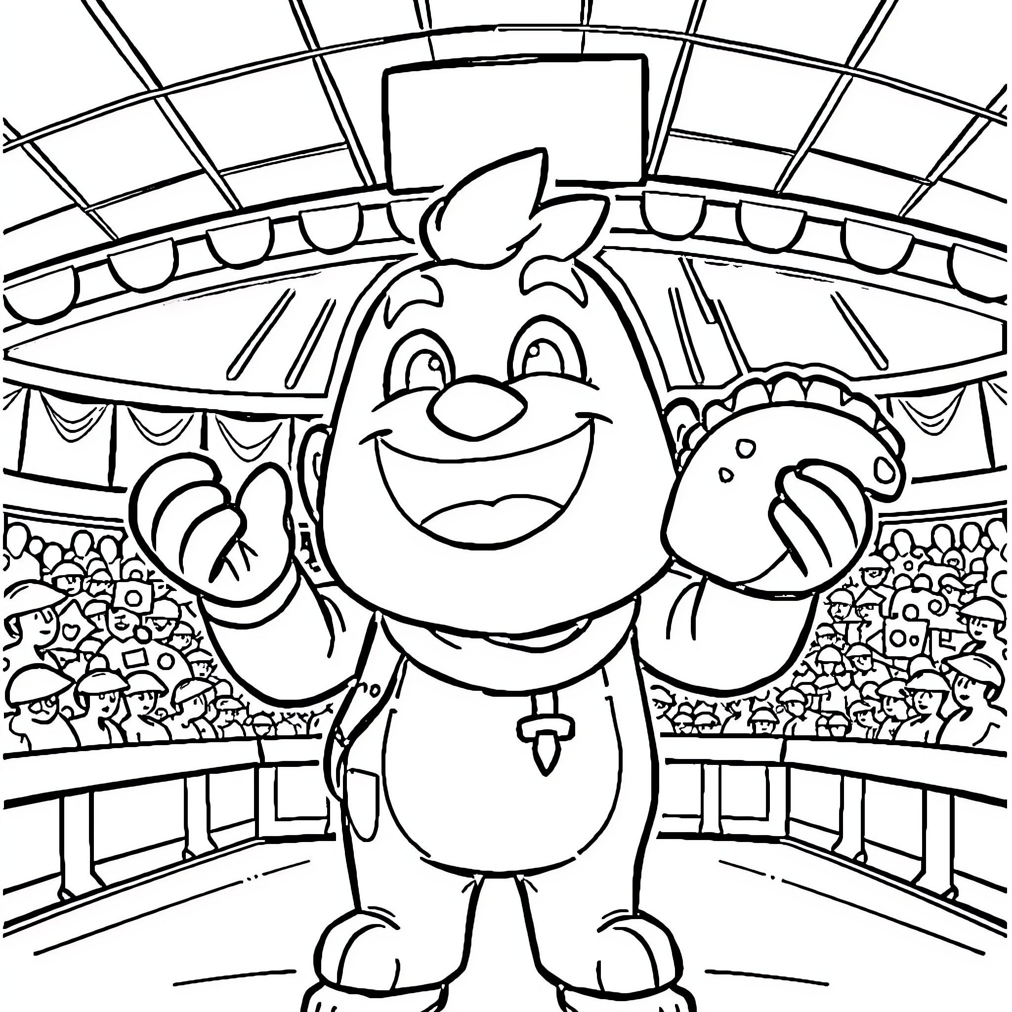 Gus the Friendly Mascot at the Big Game Coloring Page (free black-and-white line drawing printable PDF for all, from beginners to advanced learners, including children, teens, adults, and seniors)