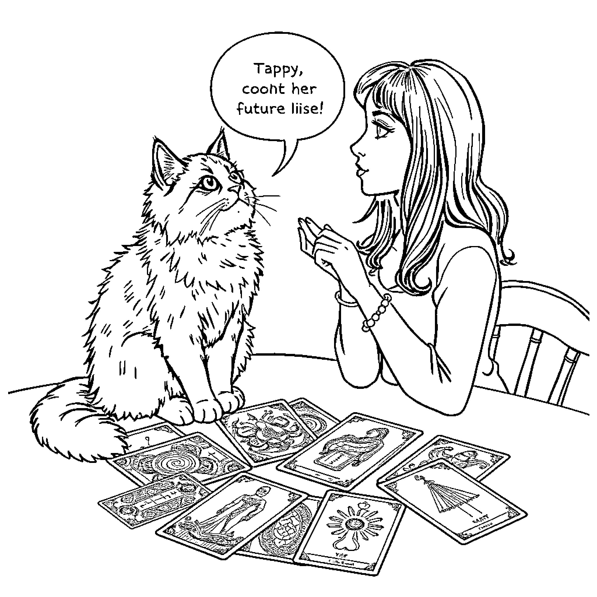 Cat consults with woman about her future Coloring Page (free black-and-white line drawing printable PDF for all, from beginners to advanced learners, including children, teens, adults, and seniors)