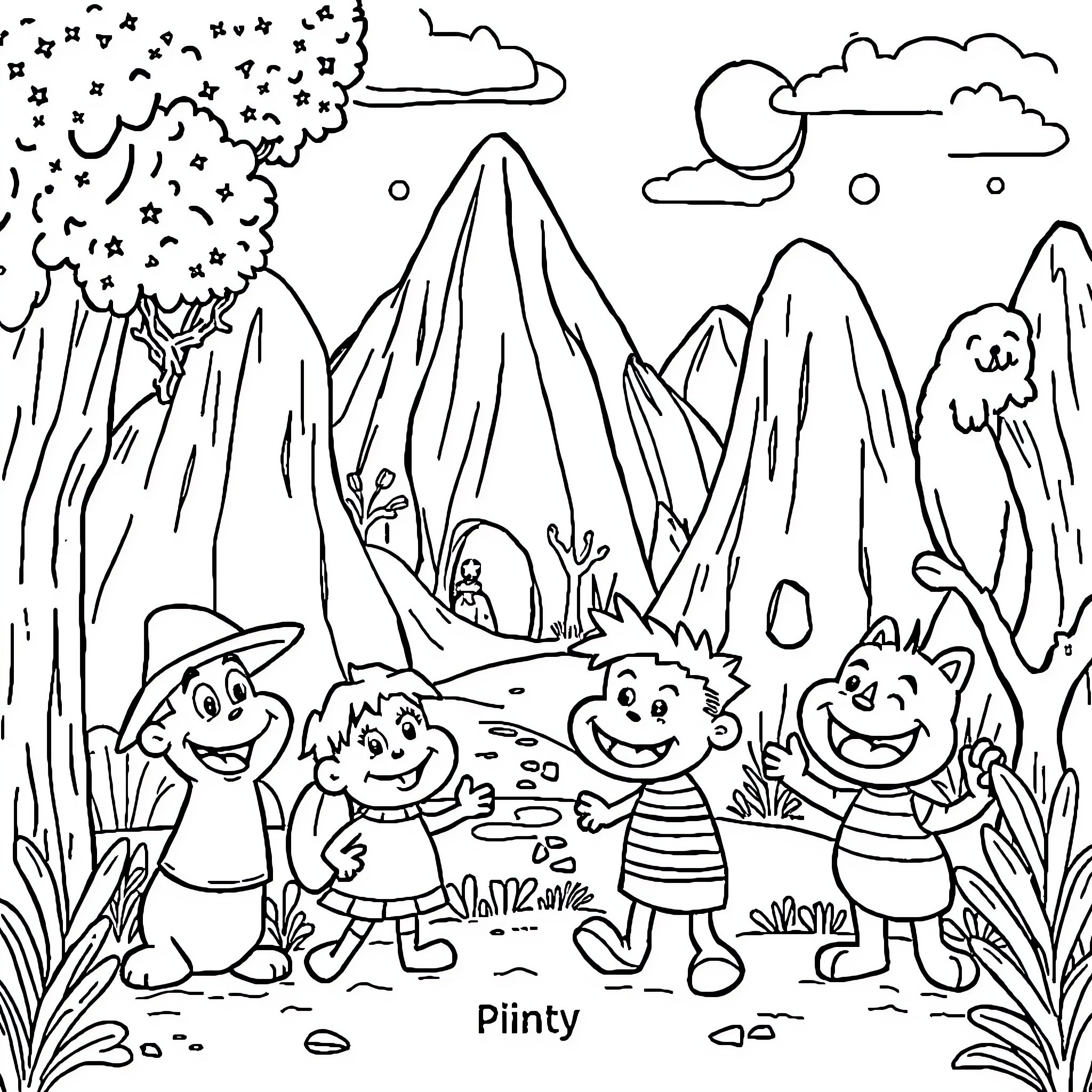 Cartoon characters exploring the mountains and nature Coloring Page (free black-and-white line drawing printable PDF for all, from beginners to advanced learners, including children, teens, adults, and seniors)