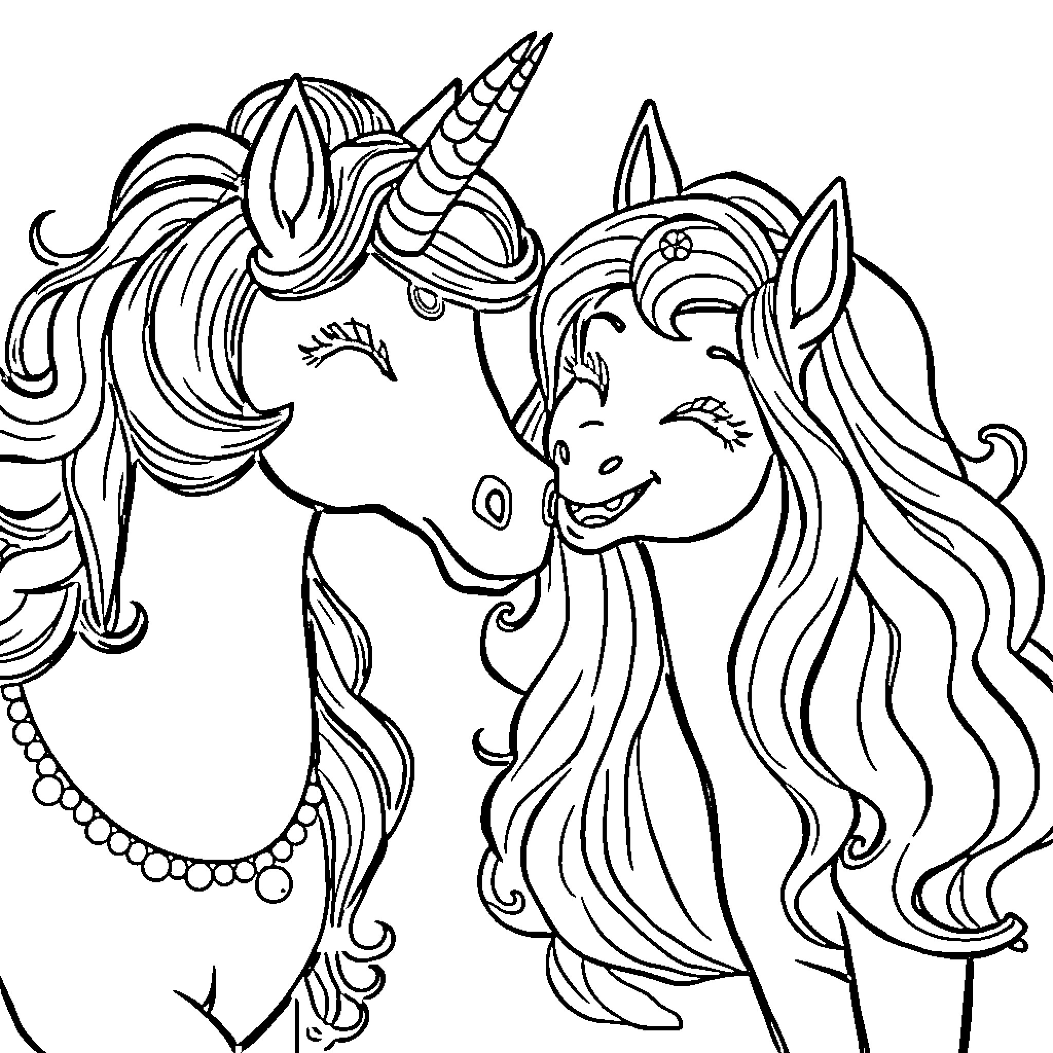 Princess and her Magical Unicorn Companion Coloring Page (free black-and-white line drawing printable PDF for all, from beginners to advanced learners, including children, teens, adults, and seniors)