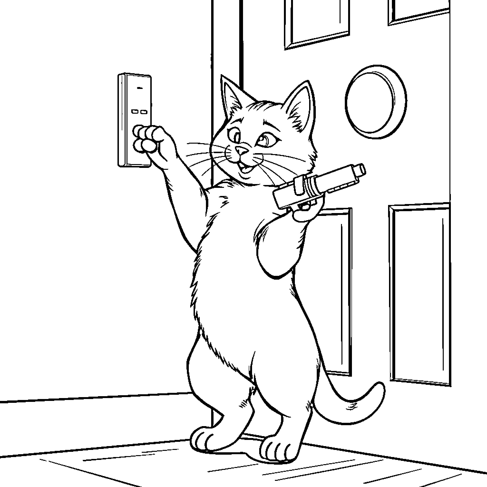 Cat repairing electronics at home Coloring Page (free black-and-white line drawing printable PDF for all, from beginners to advanced learners, including children, teens, adults, and seniors)