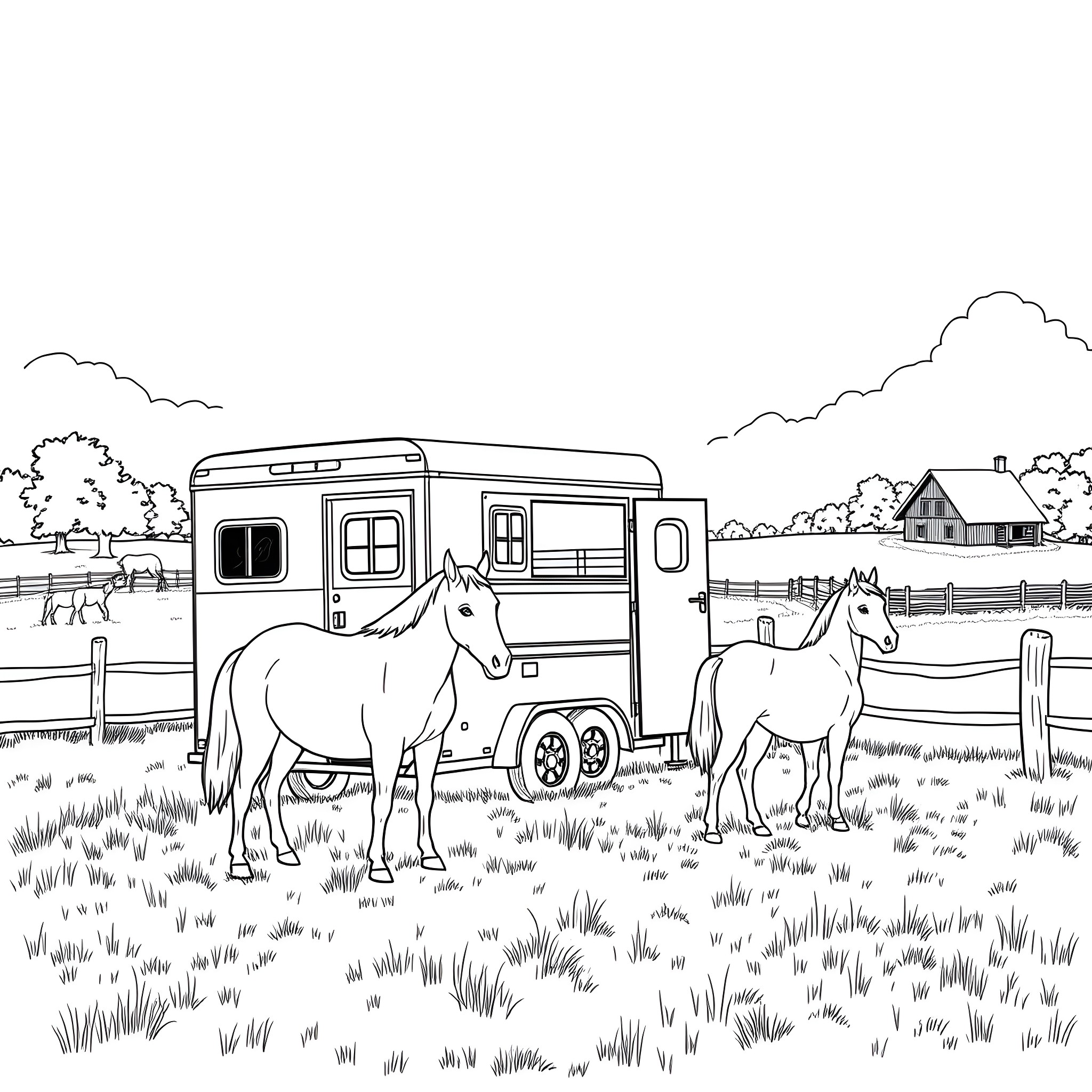 Horse Trailer Carrying Horses on a Farm Coloring Page (free black-and-white line drawing printable PDF for all, from beginners to advanced learners, including children, teens, adults, and seniors)