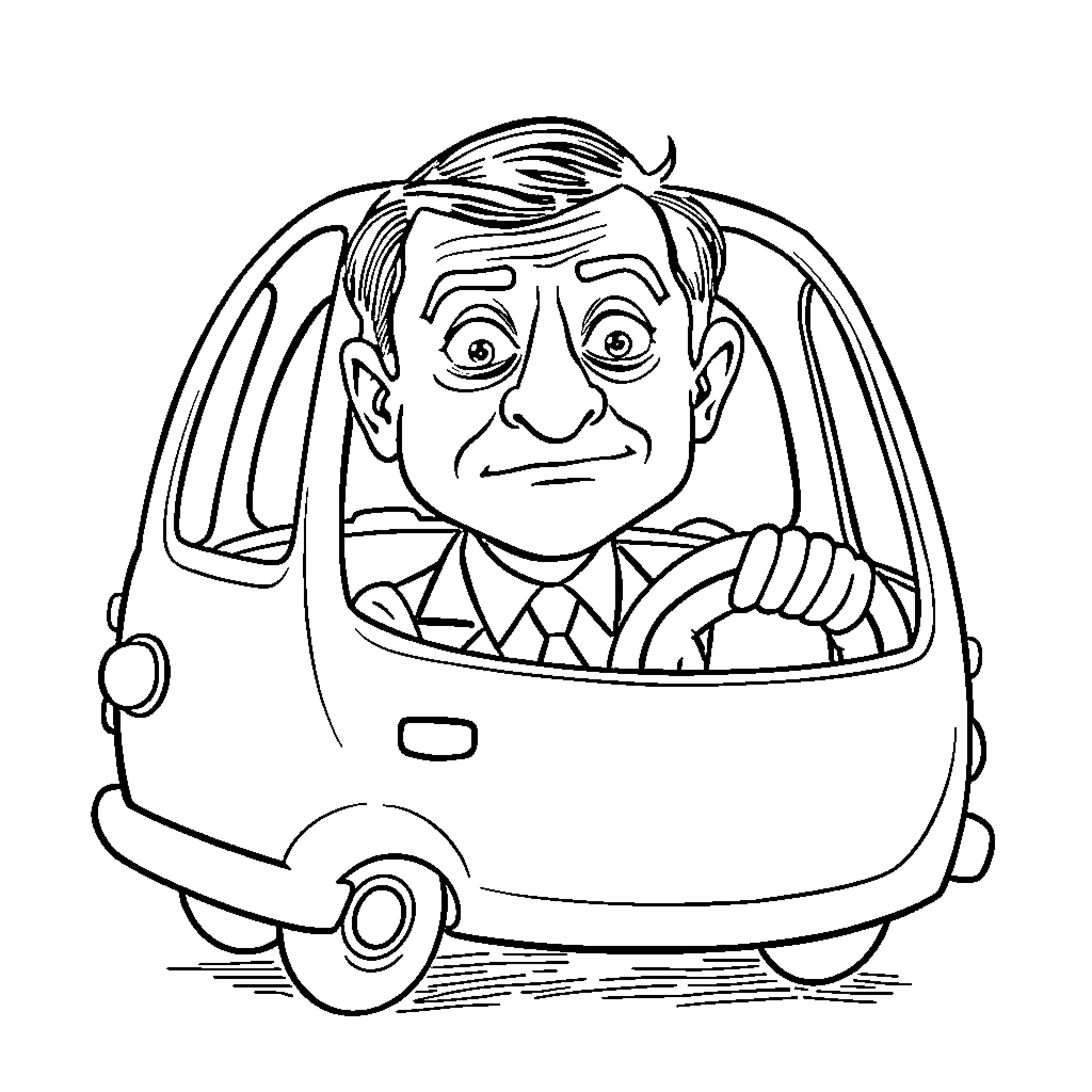 Mr Bean's Comical Car Ride Coloring Page (free black-and-white line drawing printable PDF for all, from beginners to advanced learners, including children, teens, adults, and seniors)