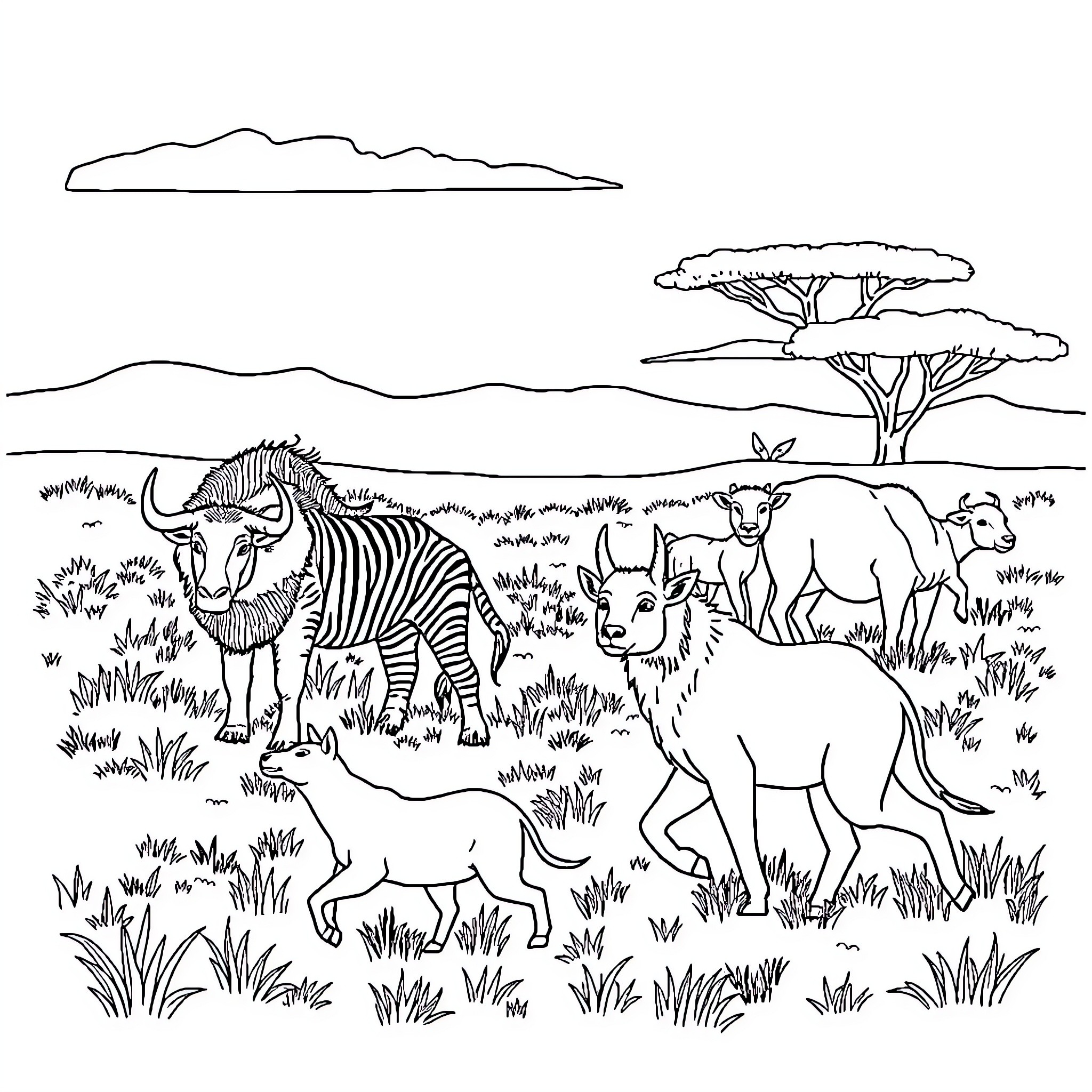 Animal herd grazing peacefully in the savanna Coloring Page (free black-and-white line drawing printable PDF for all, from beginners to advanced learners, including children, teens, adults, and seniors)