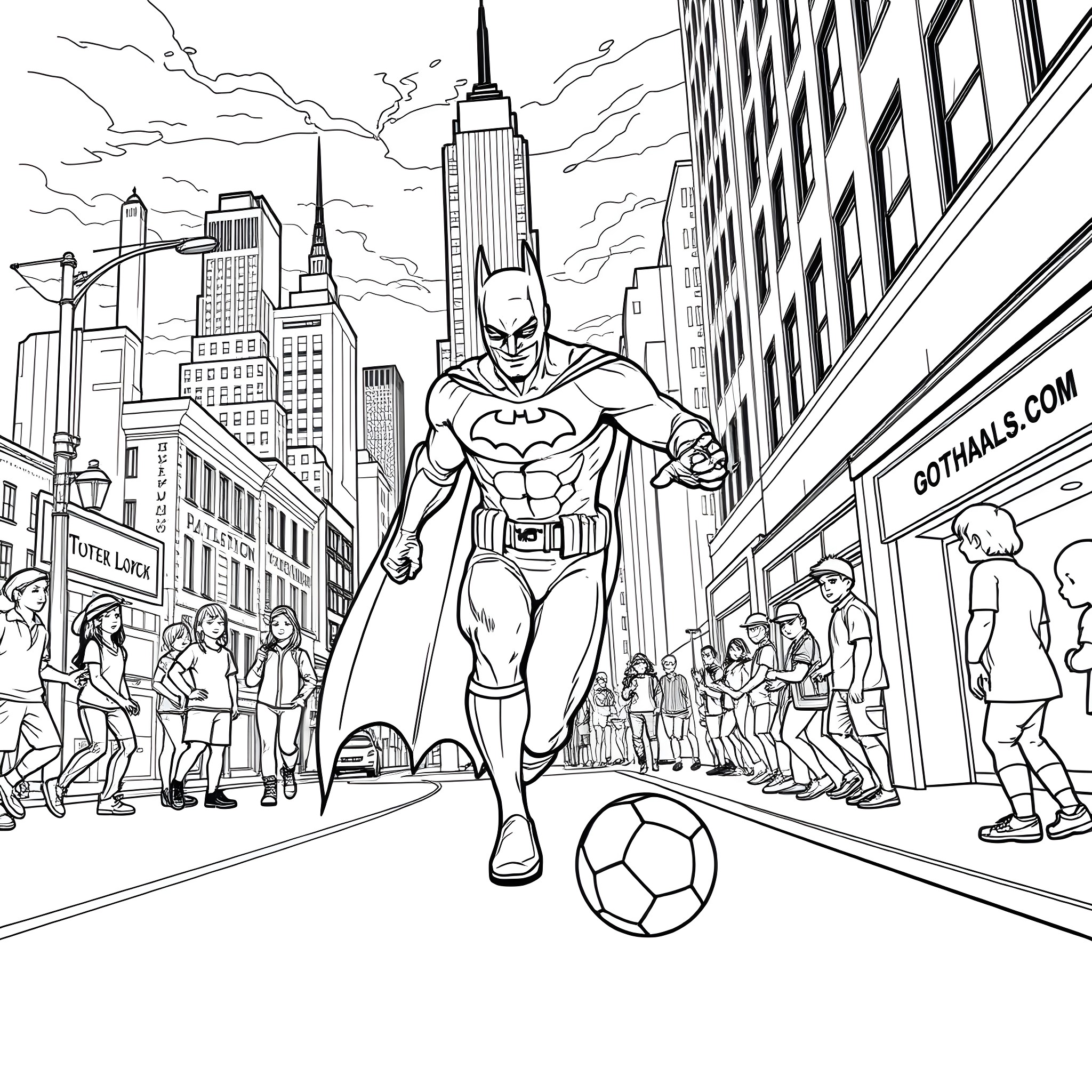 Batman Kicking Soccer Ball in Gotham City Coloring Page (free black-and-white line drawing printable PDF for all, from beginners to advanced learners, including children, teens, adults, and seniors)