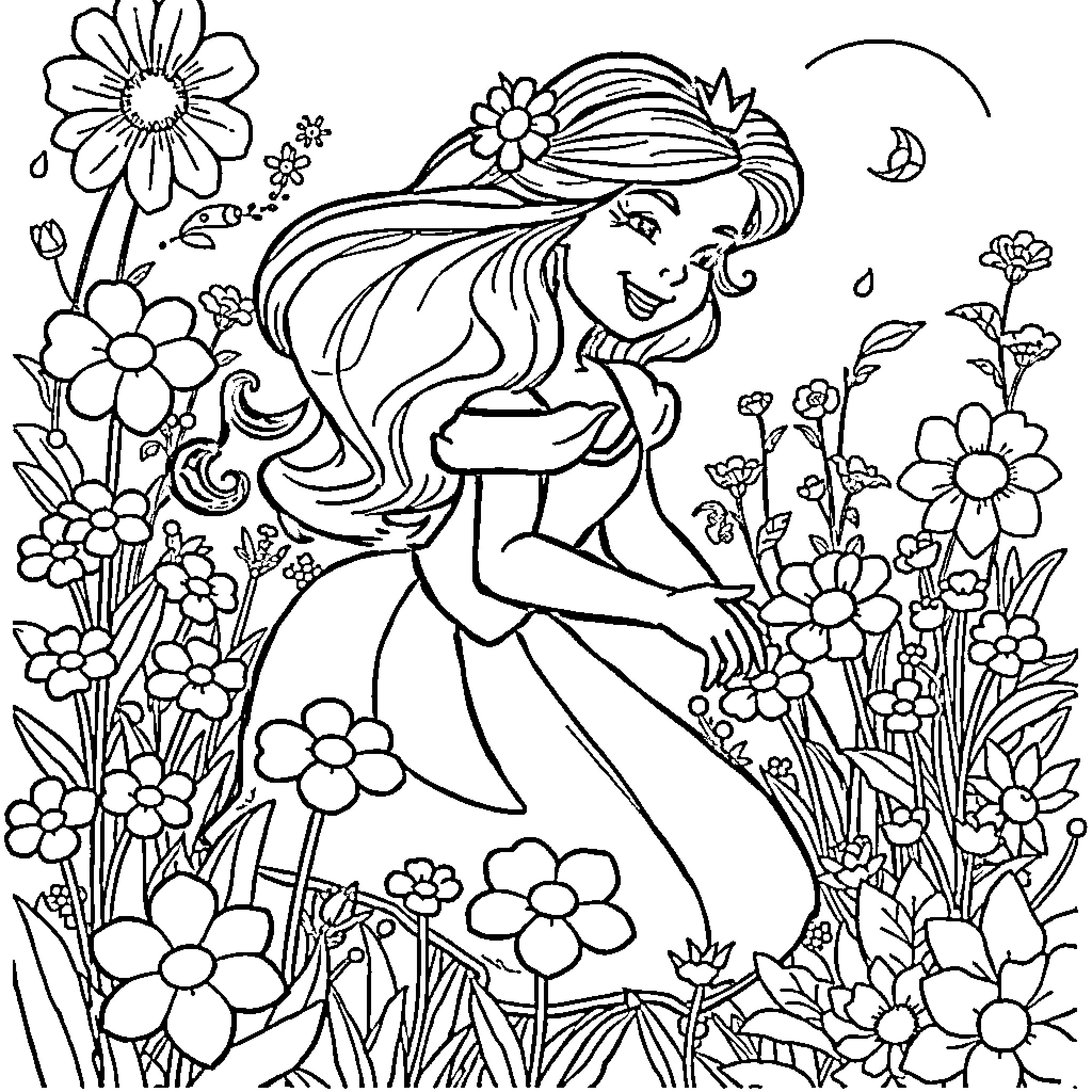 Princess in Flowery Garden Coloring Page (free black-and-white line drawing printable PDF for all, from beginners to advanced learners, including children, teens, adults, and seniors)