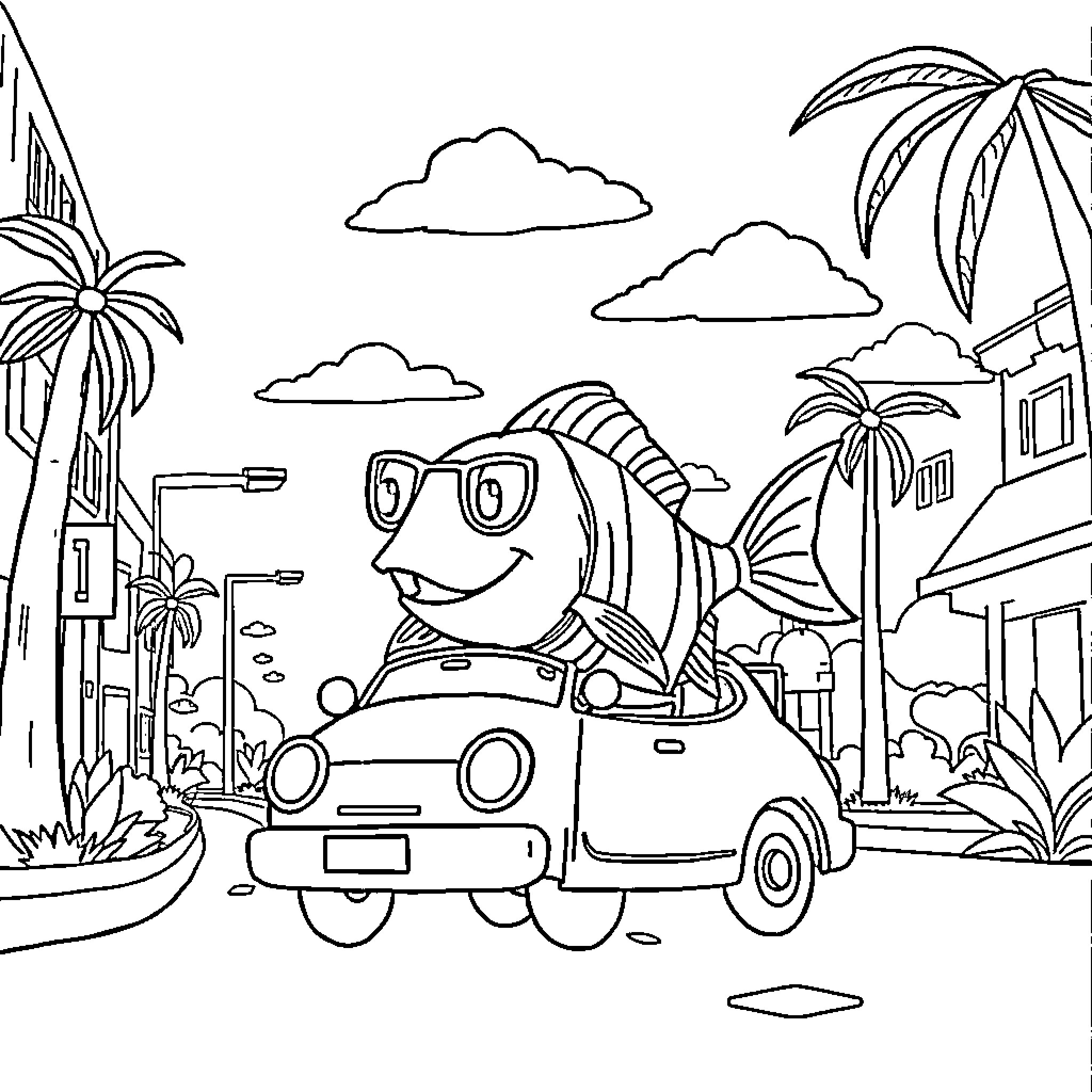 Fish driving a car on a tropical street Coloring Page (free black-and-white line drawing printable PDF for all, from beginners to advanced learners, including children, teens, adults, and seniors)