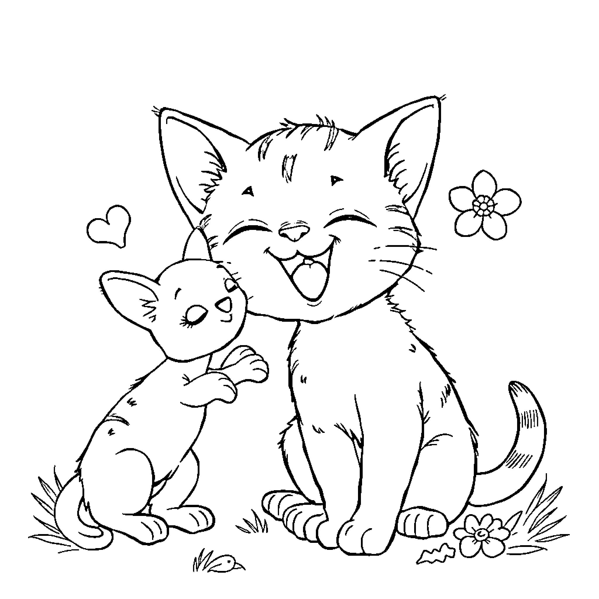 Chat of Joyful Kittens and Flowers Coloring Page (free black-and-white line drawing printable PDF for all, from beginners to advanced learners, including children, teens, adults, and seniors)