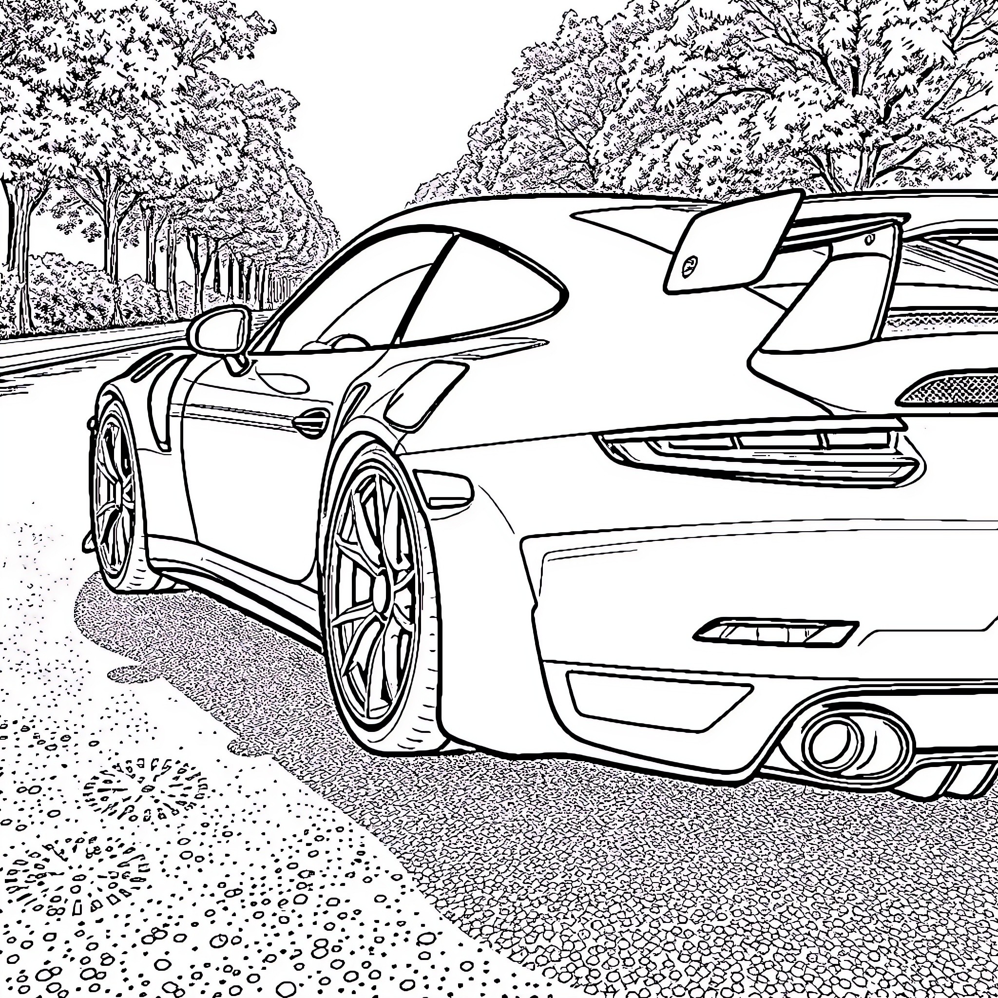 Porsche sports car on a scenic road Coloring Page (free black-and-white line drawing printable PDF for all, from beginners to advanced learners, including children, teens, adults, and seniors)