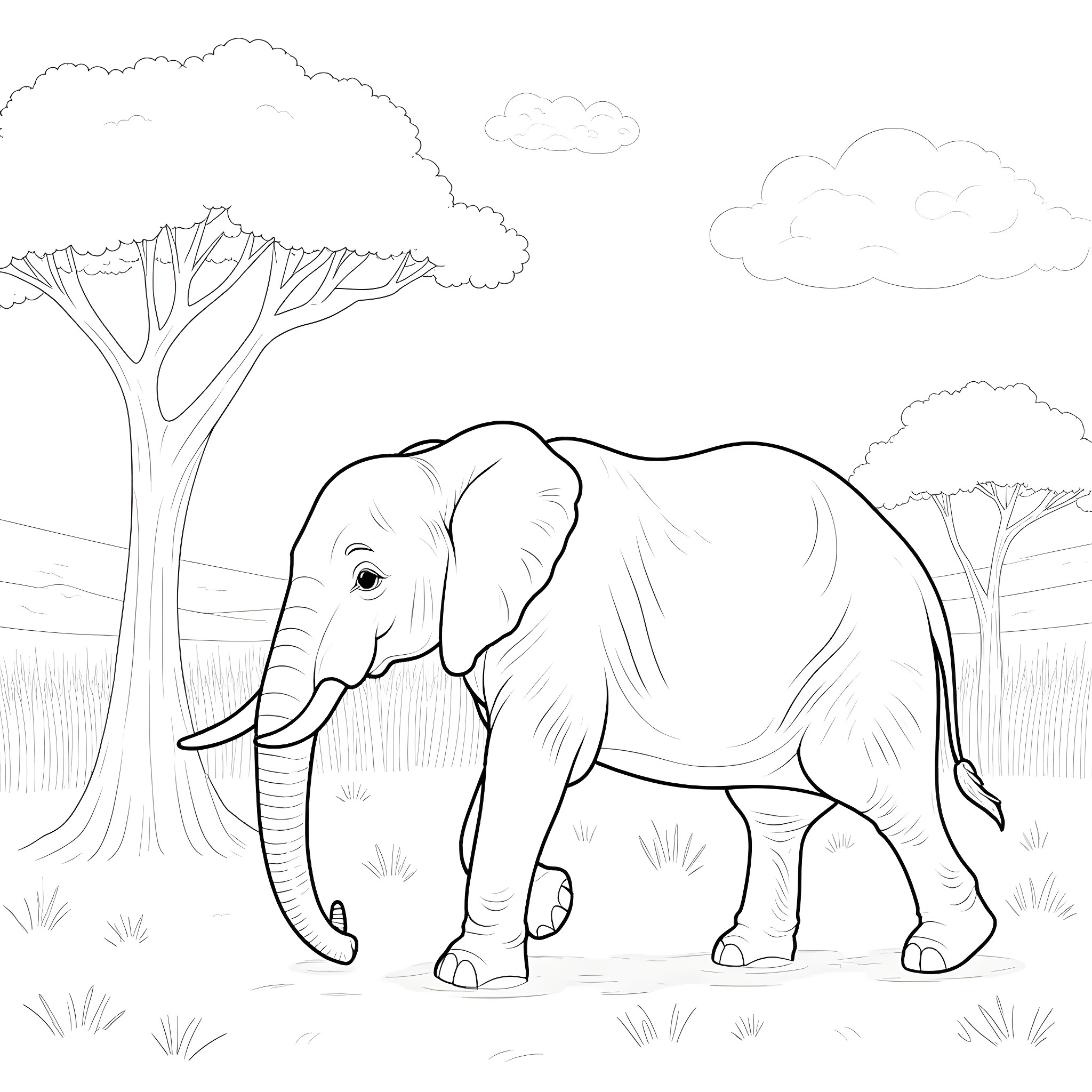 Elephant strolling through the savanna Coloring Page (free black-and-white line drawing printable PDF for all, from beginners to advanced learners, including children, teens, adults, and seniors)