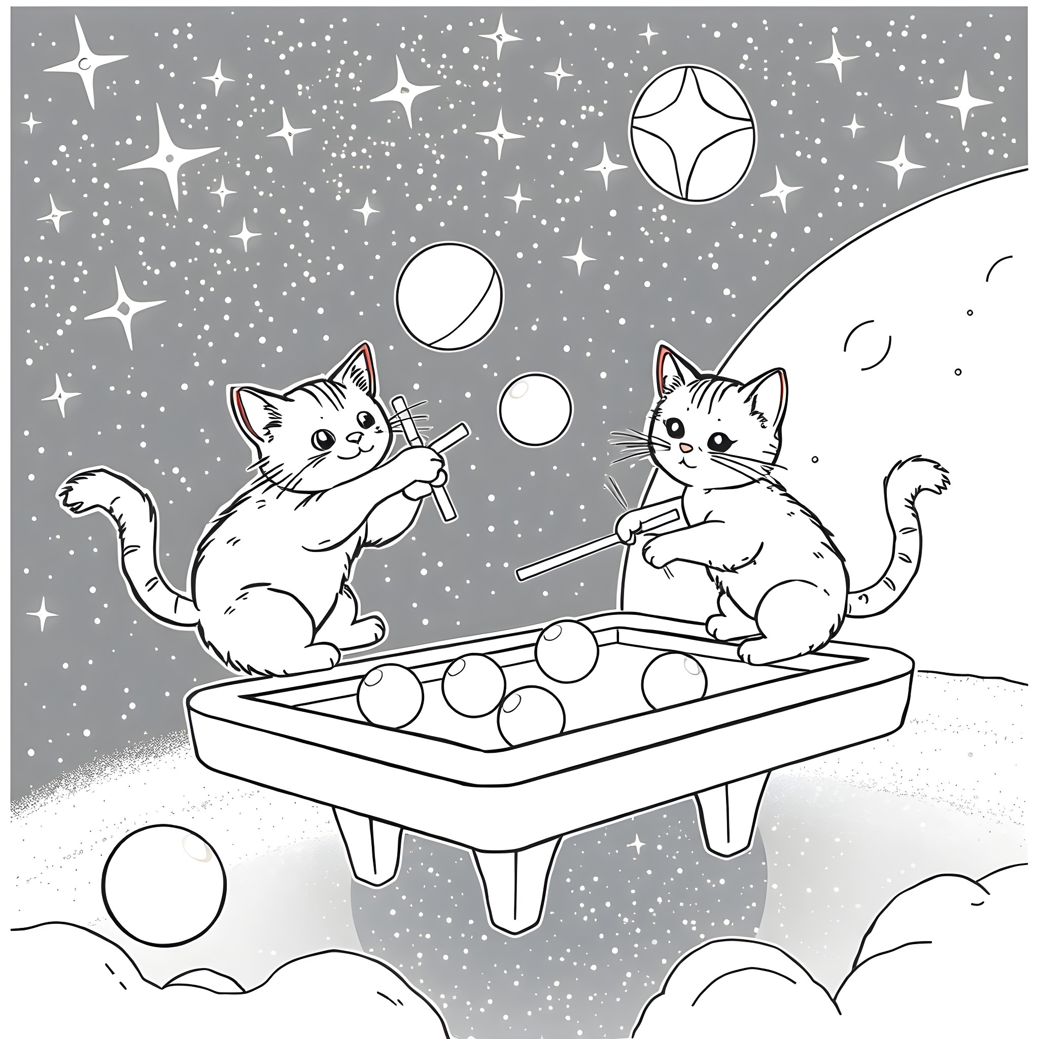 Cats playing with celestial spheres under starry night sky Coloring Page (free black-and-white line drawing printable PDF for all, from beginners to advanced learners, including children, teens, adults, and seniors)