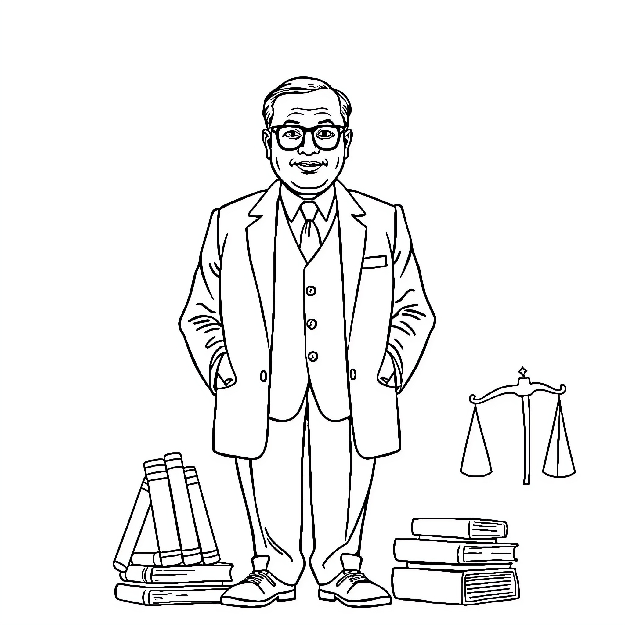 Baba Shab Ambedkar standing confidently in formal attire Coloring Page (free black-and-white line drawing printable PDF for all, from beginners to advanced learners, including children, teens, adults, and seniors)