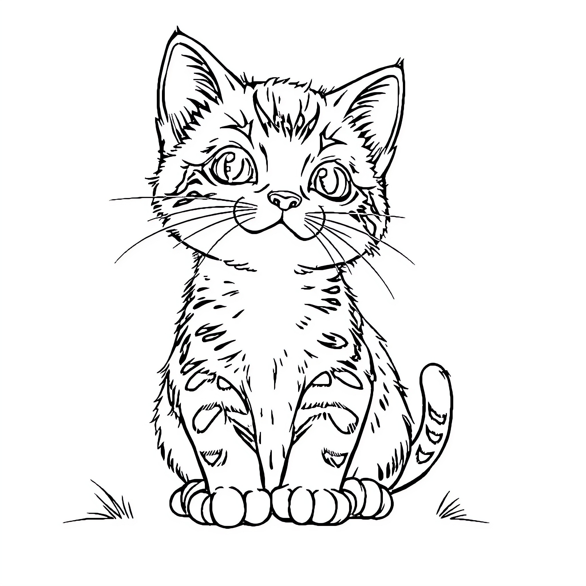 Kitten sitting curiously on the grass Coloring Page (free black-and-white line drawing printable PDF for all, from beginners to advanced learners, including children, teens, adults, and seniors)