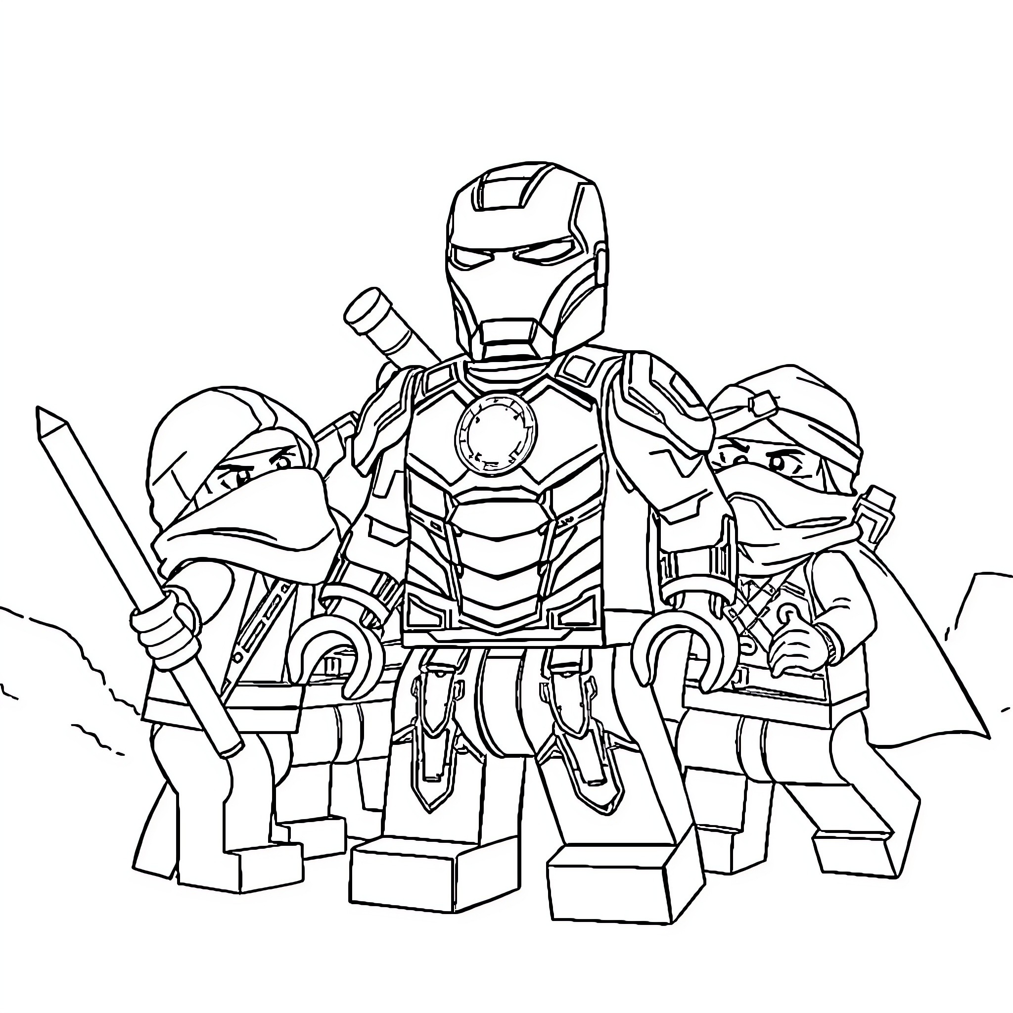 Ninjago action figures in battle poses Coloring Page (free black-and-white line drawing printable PDF for all, from beginners to advanced learners, including children, teens, adults, and seniors)