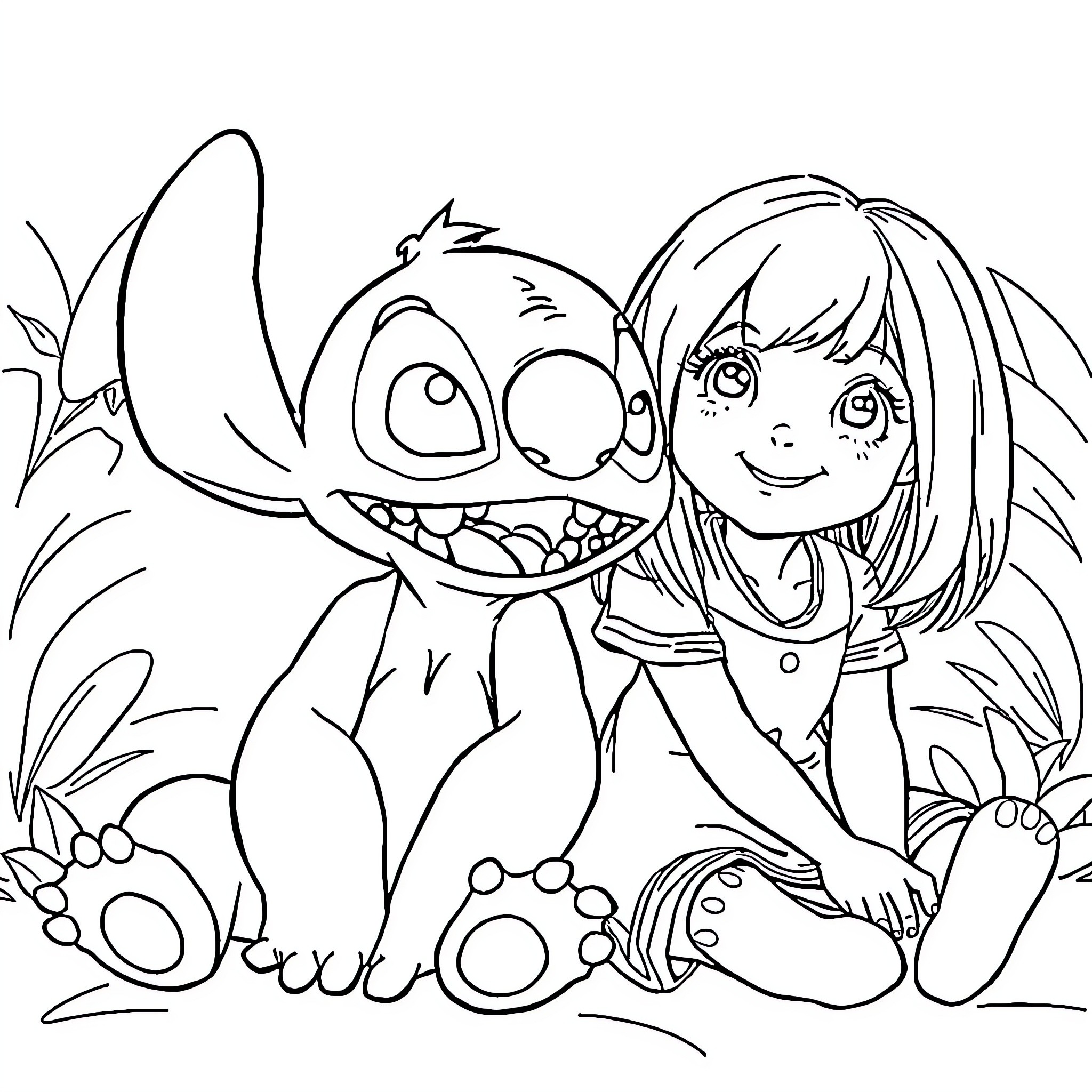 Stitch and girl playing happily together Coloring Page (free black-and-white line drawing printable PDF for all, from beginners to advanced learners, including children, teens, adults, and seniors)