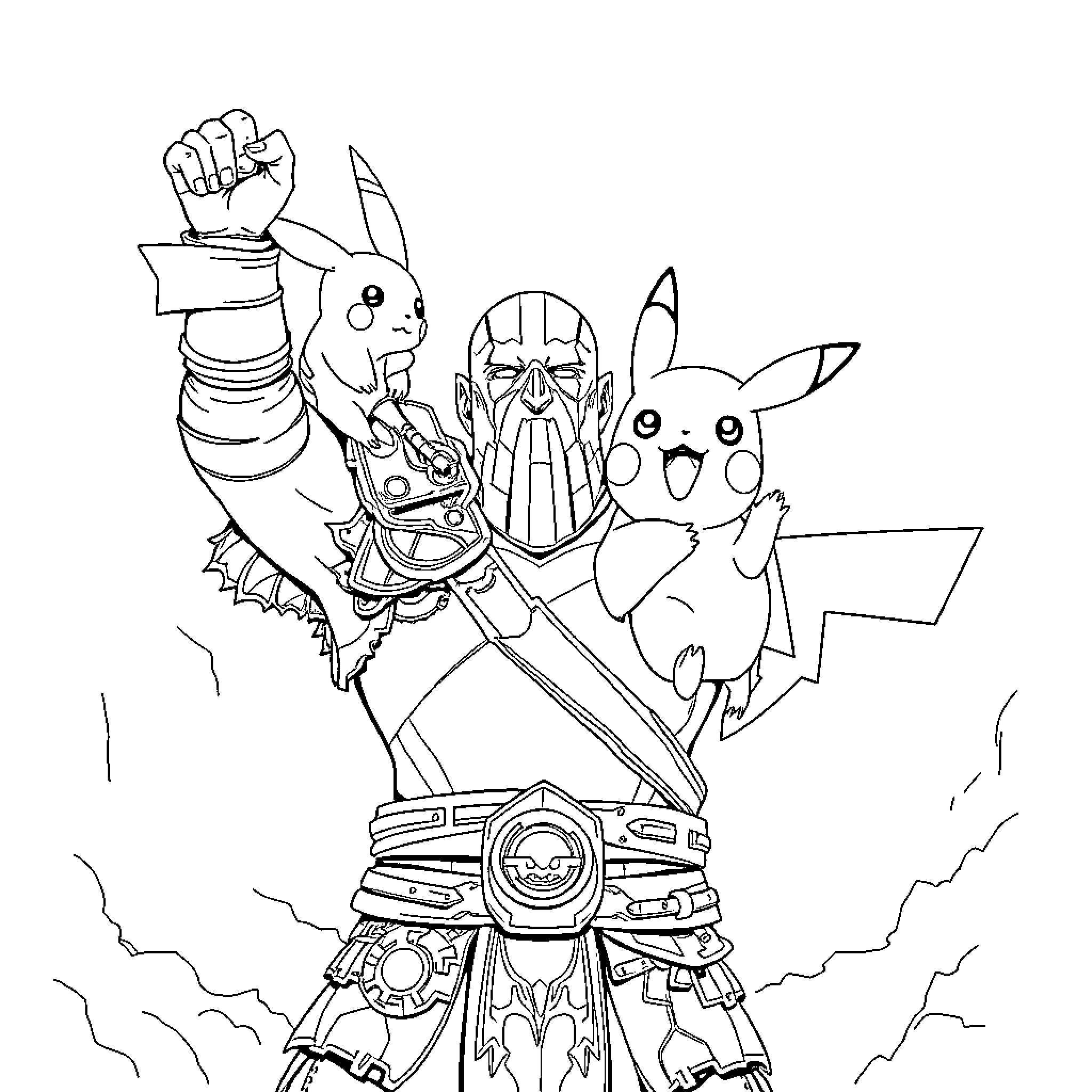 Kratos and Pikachu in an Epic Battle Stance Coloring Page (free black-and-white line drawing printable PDF for all, from beginners to advanced learners, including children, teens, adults, and seniors)