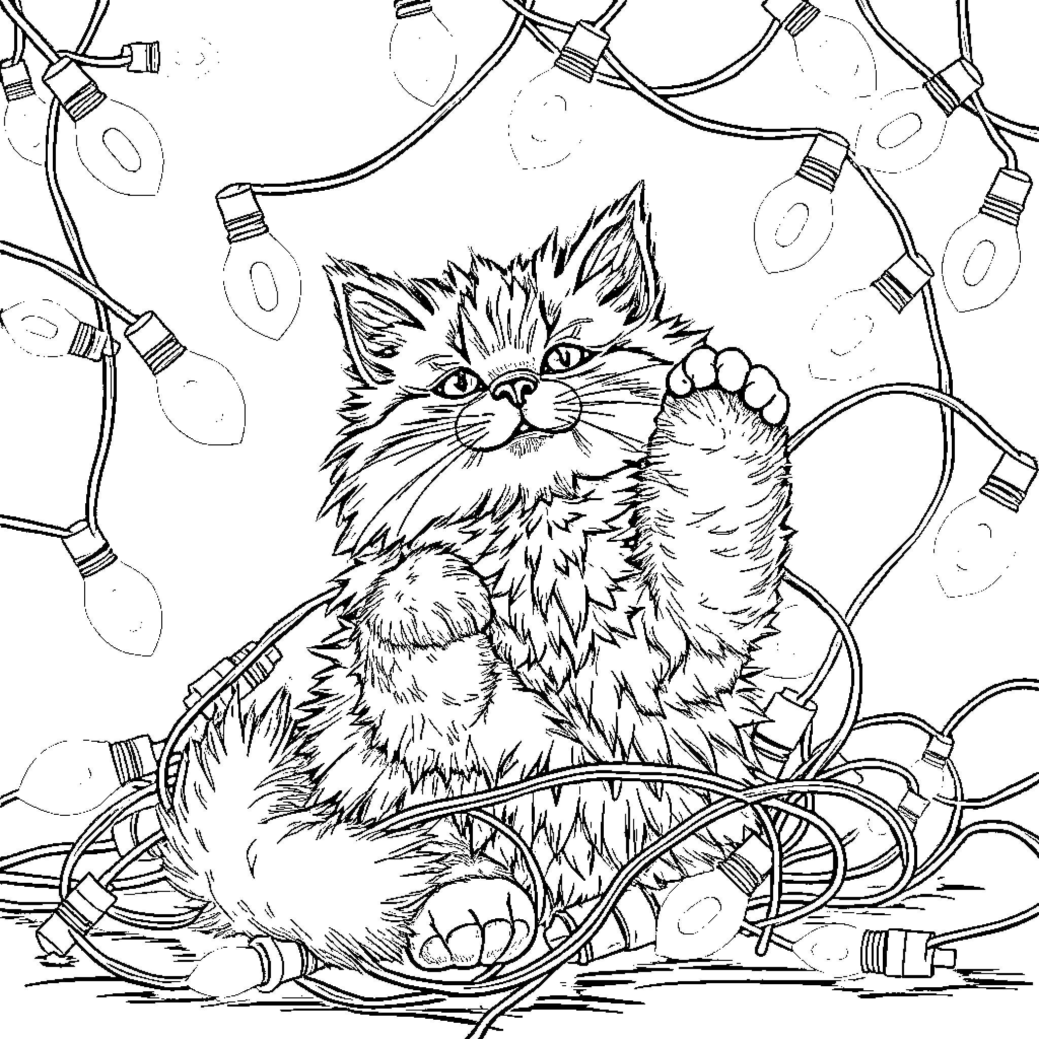 Cat with tangled Christmas lights Coloring Page (free black-and-white line drawing printable PDF for all, from beginners to advanced learners, including children, teens, adults, and seniors)