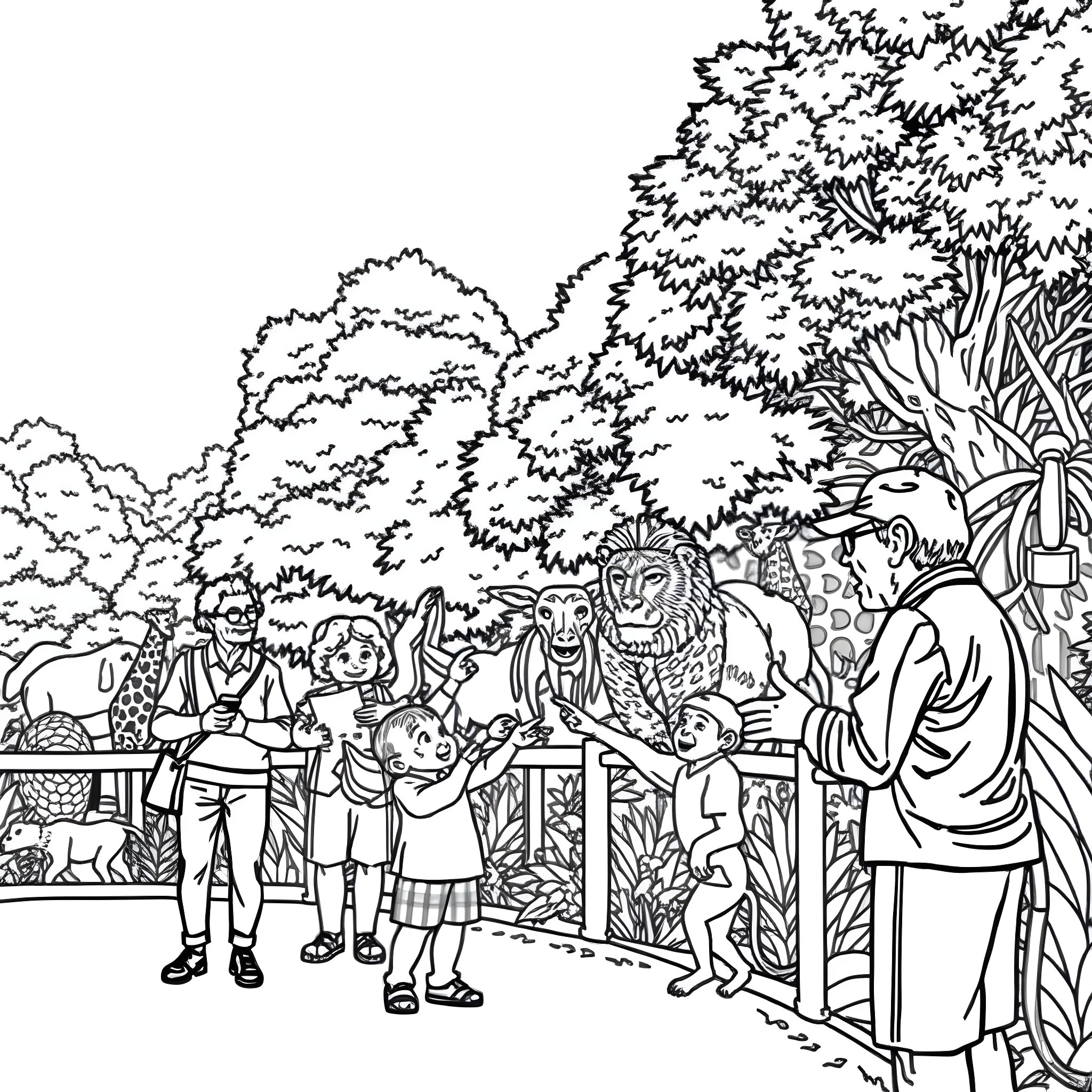 Senior group of people enjoying outdoor zoo visit Coloring Page (free black-and-white line drawing printable PDF for all, from beginners to advanced learners, including children, teens, adults, and seniors)