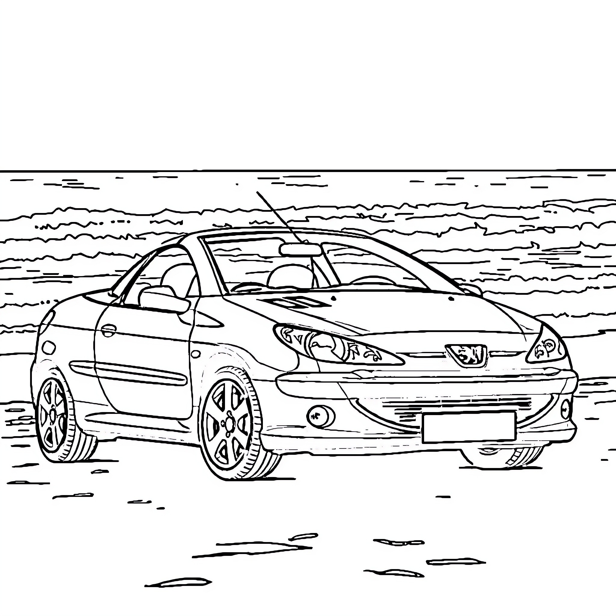 Peugeot 206 parked by the beach Coloring Page (free black-and-white line drawing printable PDF for all, from beginners to advanced learners, including children, teens, adults, and seniors)