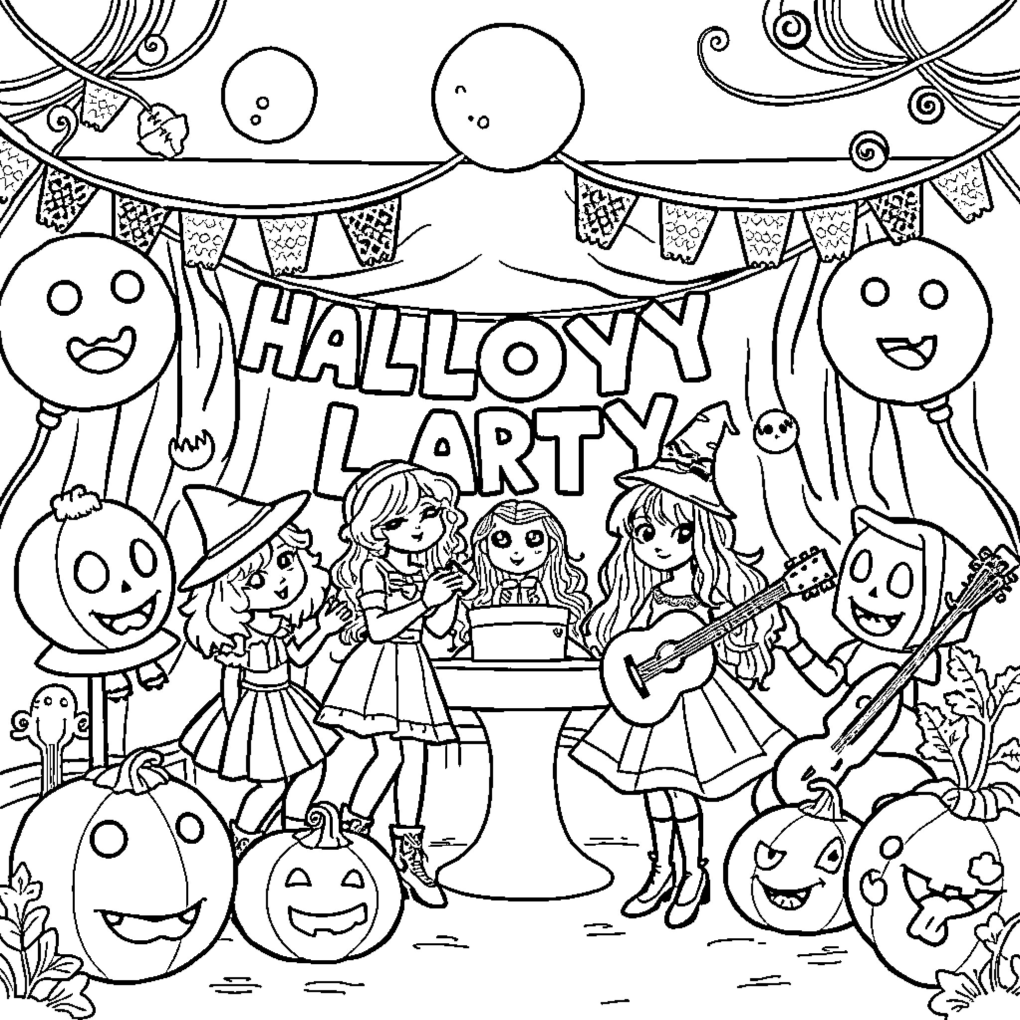 Dolly's Spooky Halloween Party Coloring Page (free black-and-white line drawing printable PDF for all, from beginners to advanced learners, including children, teens, adults, and seniors)