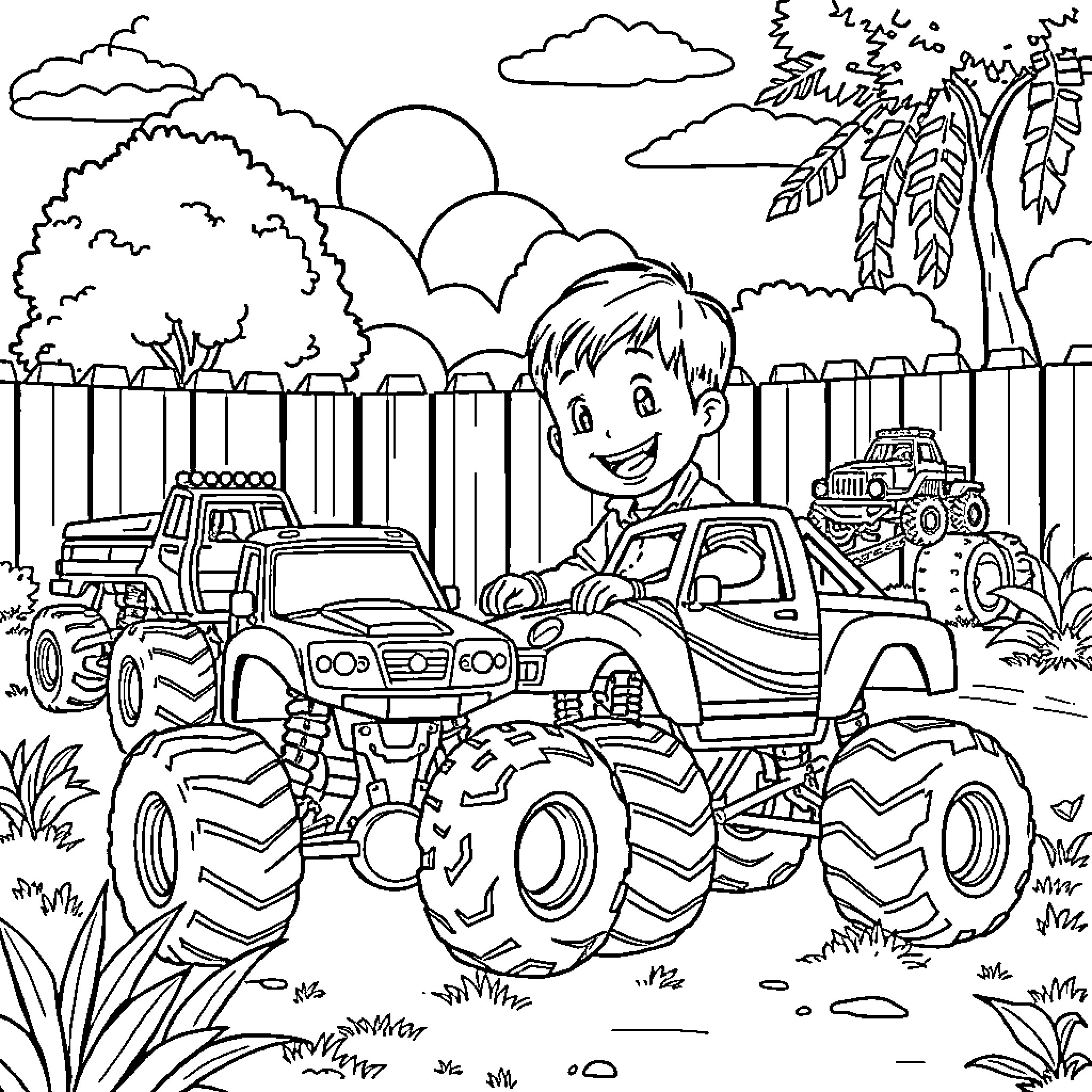 Boy playing with toy trucks in backyard Coloring Page (free black-and-white line drawing printable PDF for all, from beginners to advanced learners, including children, teens, adults, and seniors)