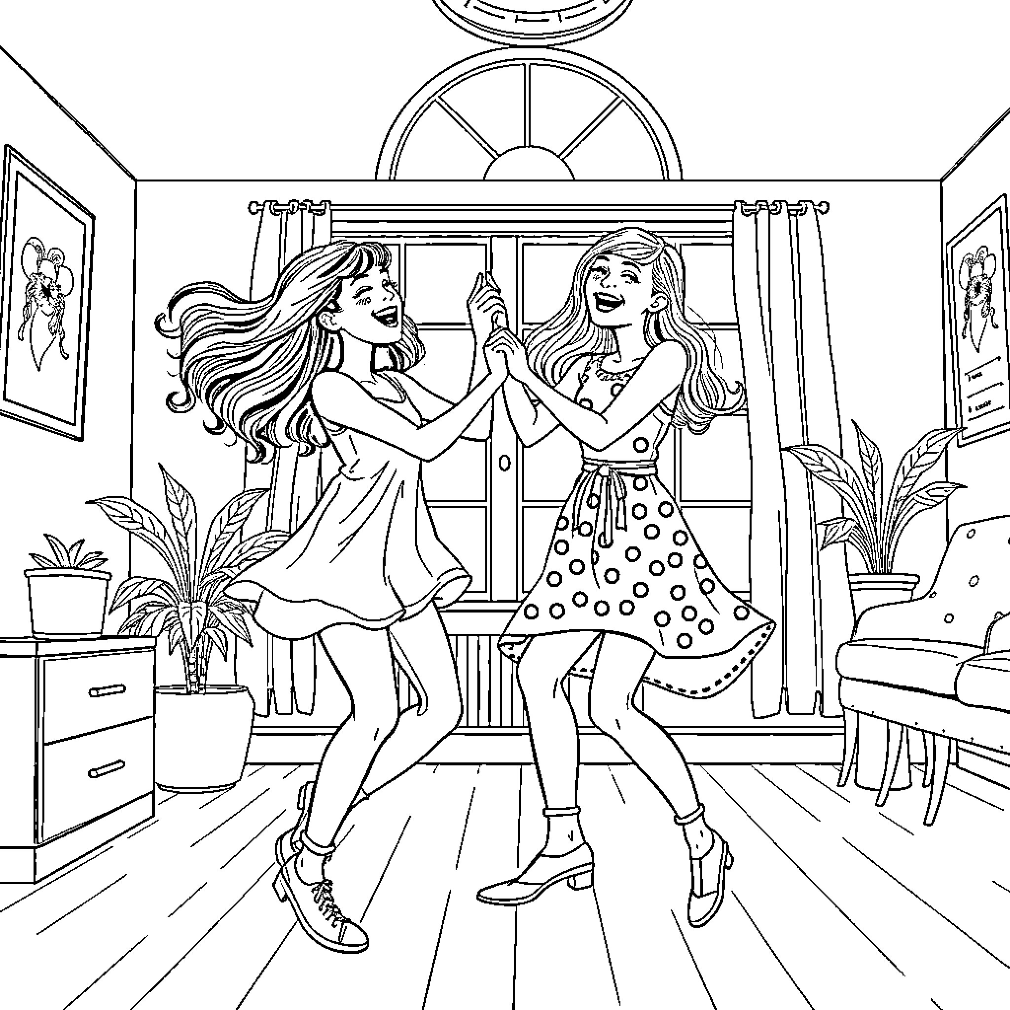 Jenna Ortega dancing with friends in stylish outfits Coloring Page (free black-and-white line drawing printable PDF for all, from beginners to advanced learners, including children, teens, adults, and seniors)