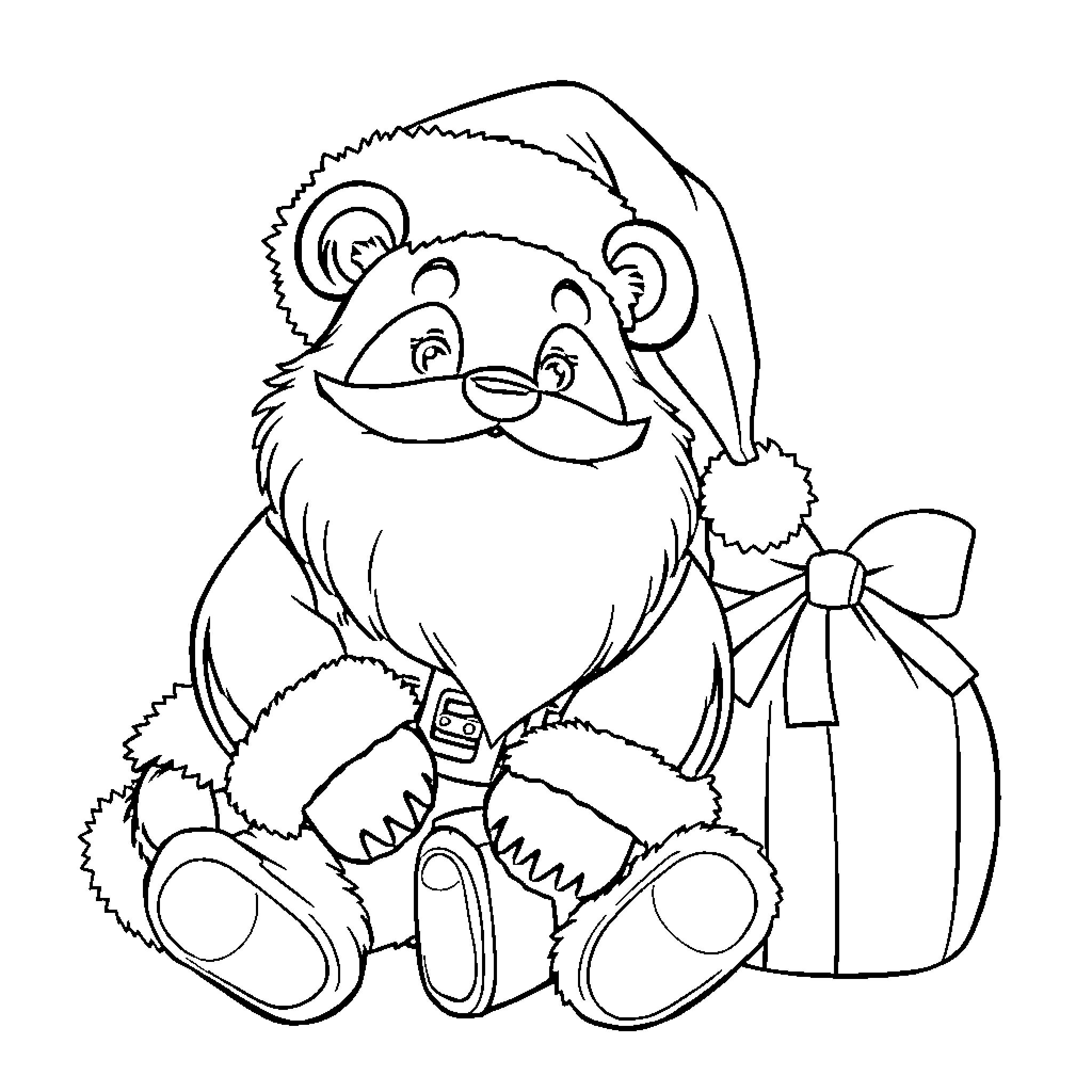 Panda dressed as Santa with gift box Coloring Page (free black-and-white line drawing printable PDF for all, from beginners to advanced learners, including children, teens, adults, and seniors)