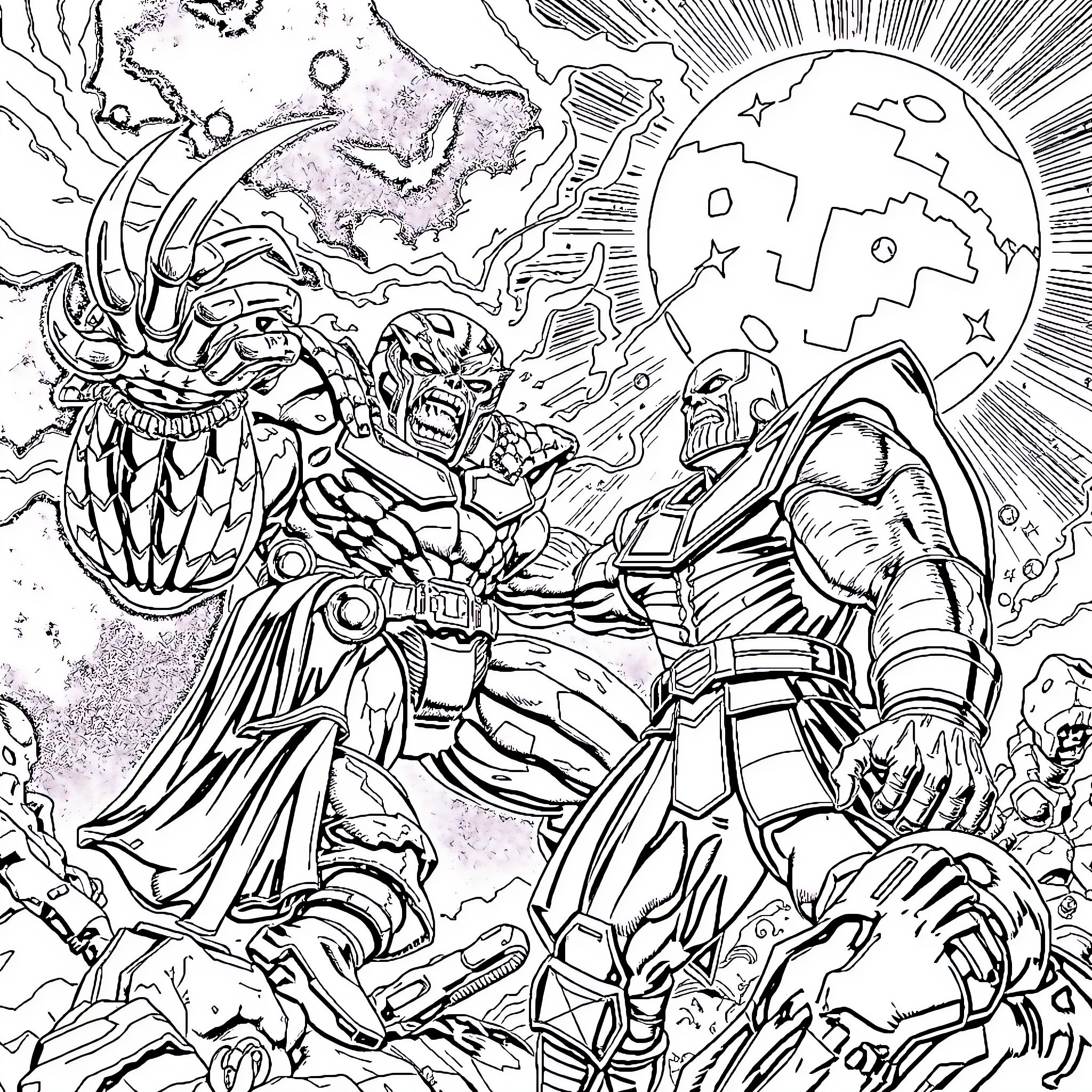 Galactus battling cosmic entities in the astral realm Coloring Page (free black-and-white line drawing printable PDF for all, from beginners to advanced learners, including children, teens, adults, and seniors)