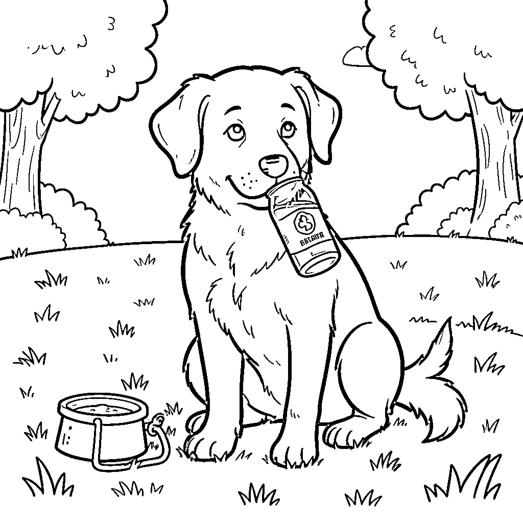 Chien playing with toys in the park Coloring Page (free black-and-white line drawing printable PDF for all, from beginners to advanced learners, including children, teens, adults, and seniors)
