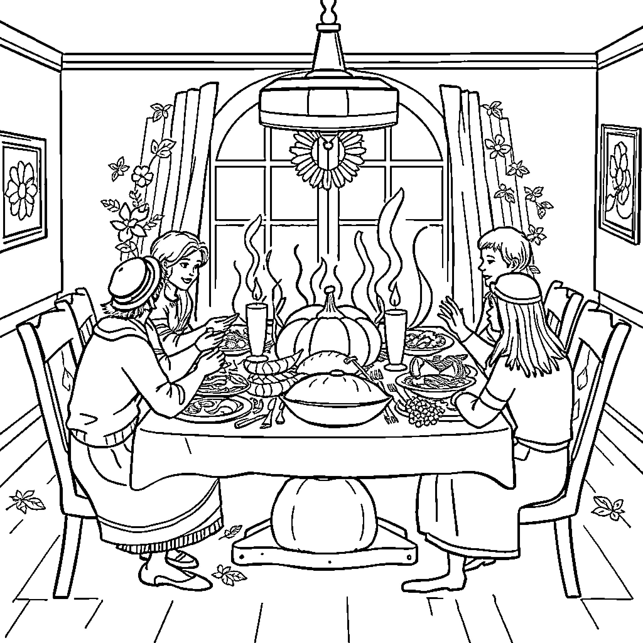Thanksgiving Family Gathering Around the Dinner Table Coloring Page (free black-and-white line drawing printable PDF for all, from beginners to advanced learners, including children, teens, adults, and seniors)