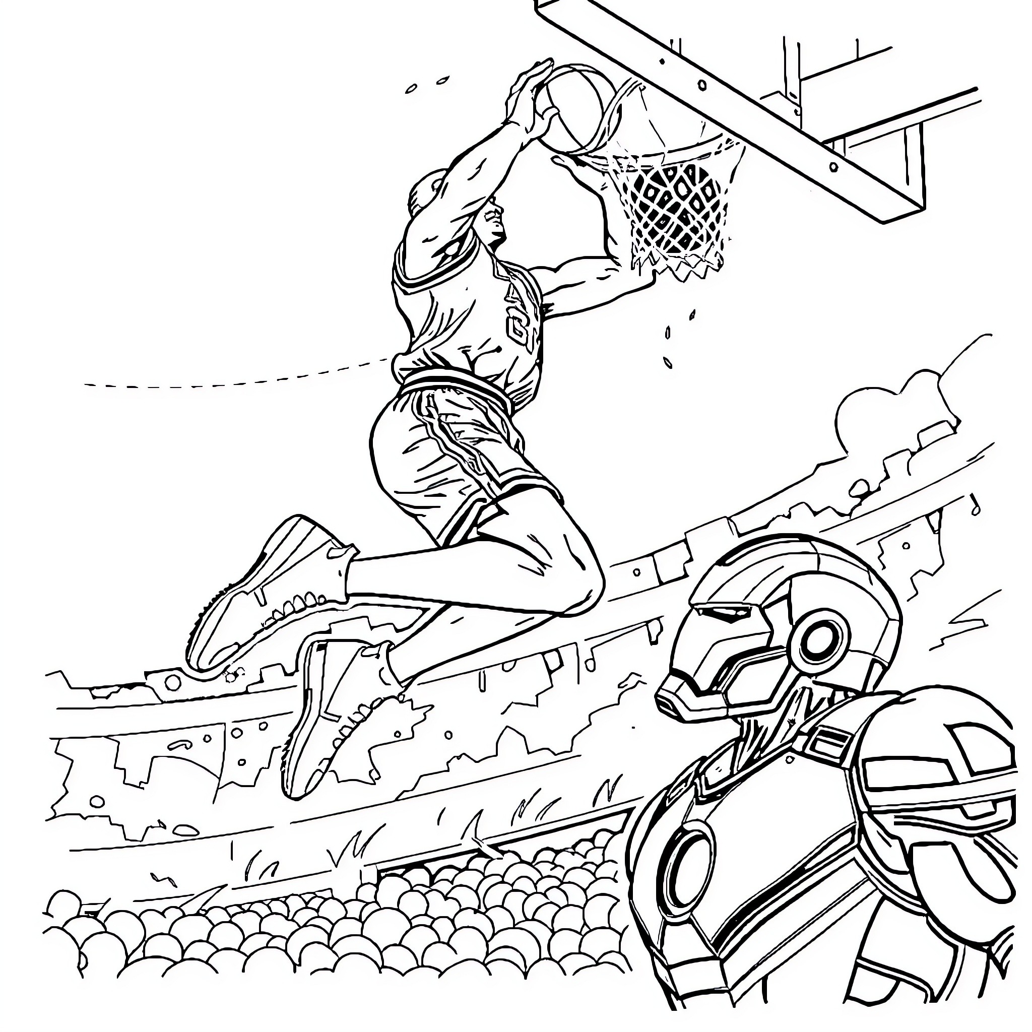 Michael Jordan dunking the basketball on the court Coloring Page (free black-and-white line drawing printable PDF for all, from beginners to advanced learners, including children, teens, adults, and seniors)
