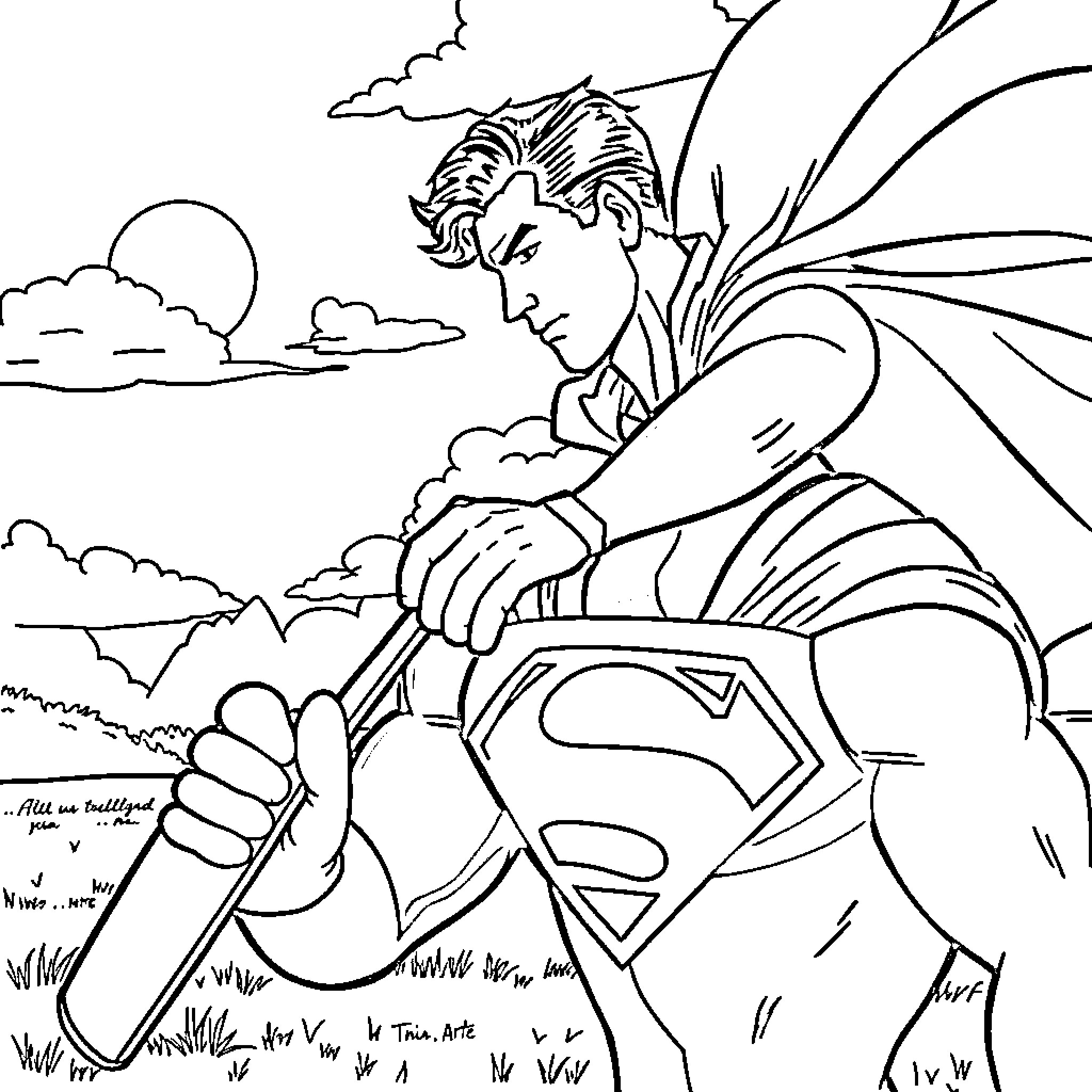 Superman in mid-flight, soaring through the clouds Coloring Page (free black-and-white line drawing printable PDF for all, from beginners to advanced learners, including children, teens, adults, and seniors)
