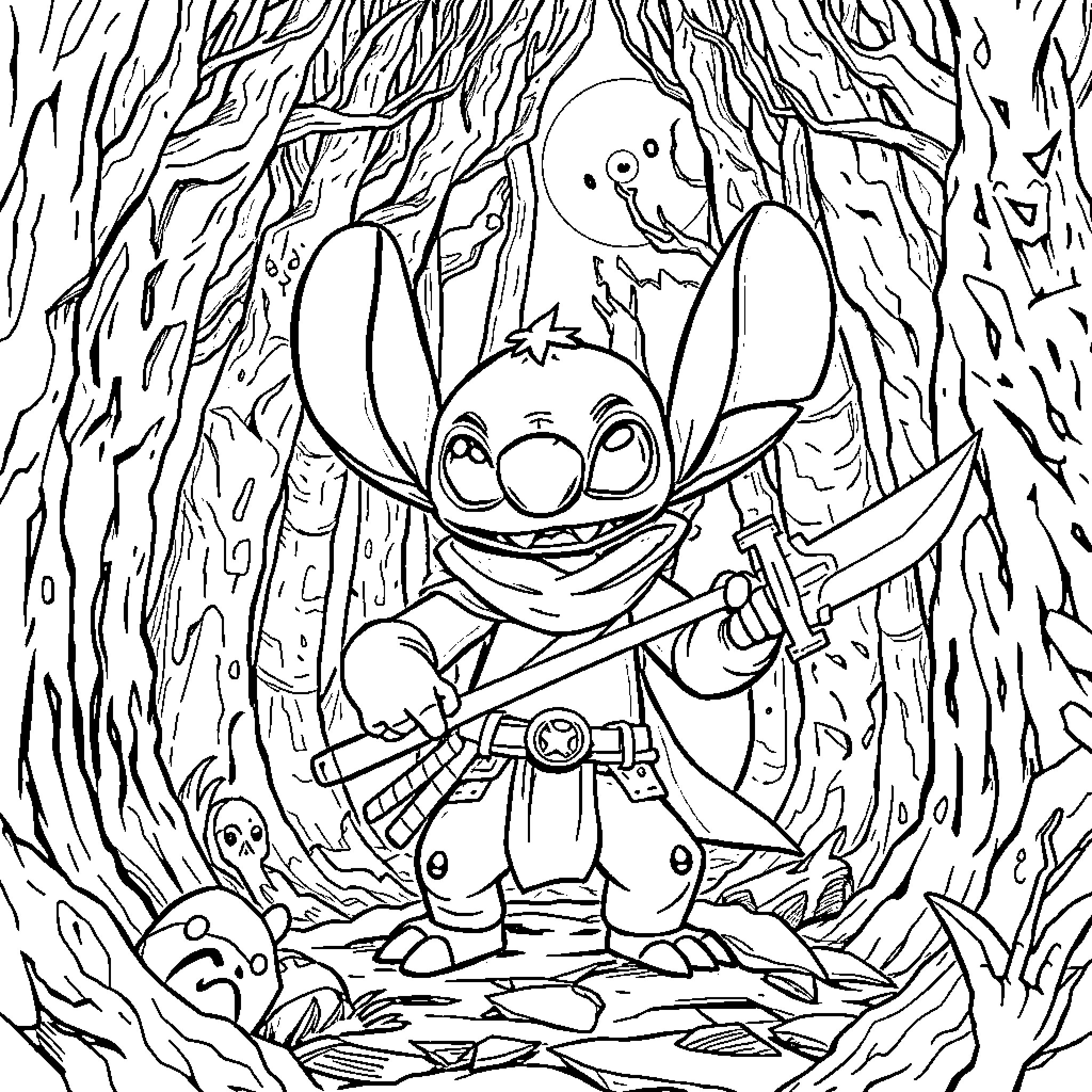 Stitch exploring the enchanted forest Coloring Page (free black-and-white line drawing printable PDF for all, from beginners to advanced learners, including children, teens, adults, and seniors)