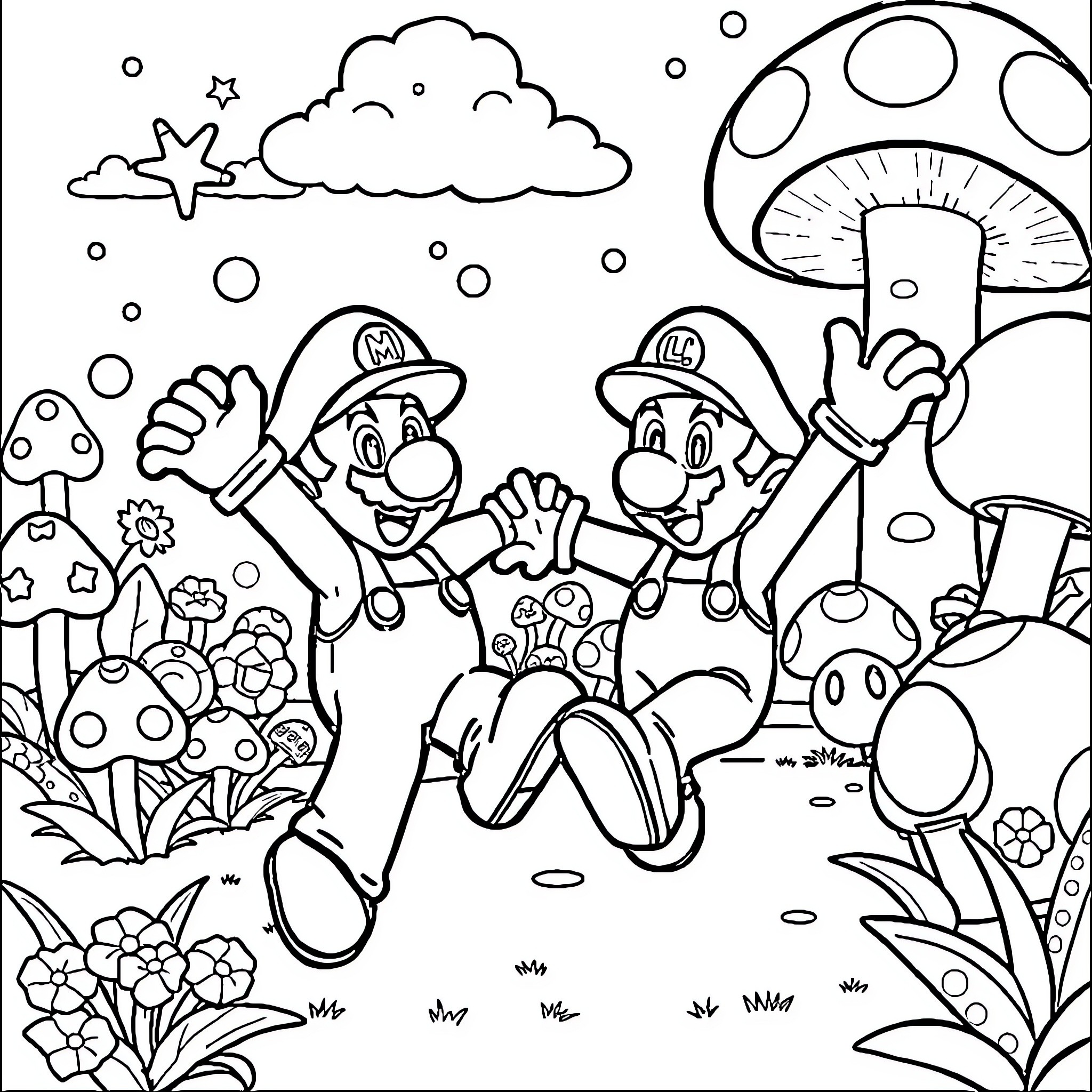 Super Mario Brothers Exploring a Magical Mushroom Kingdom Coloring Page (free black-and-white line drawing printable PDF for all, from beginners to advanced learners, including children, teens, adults, and seniors)