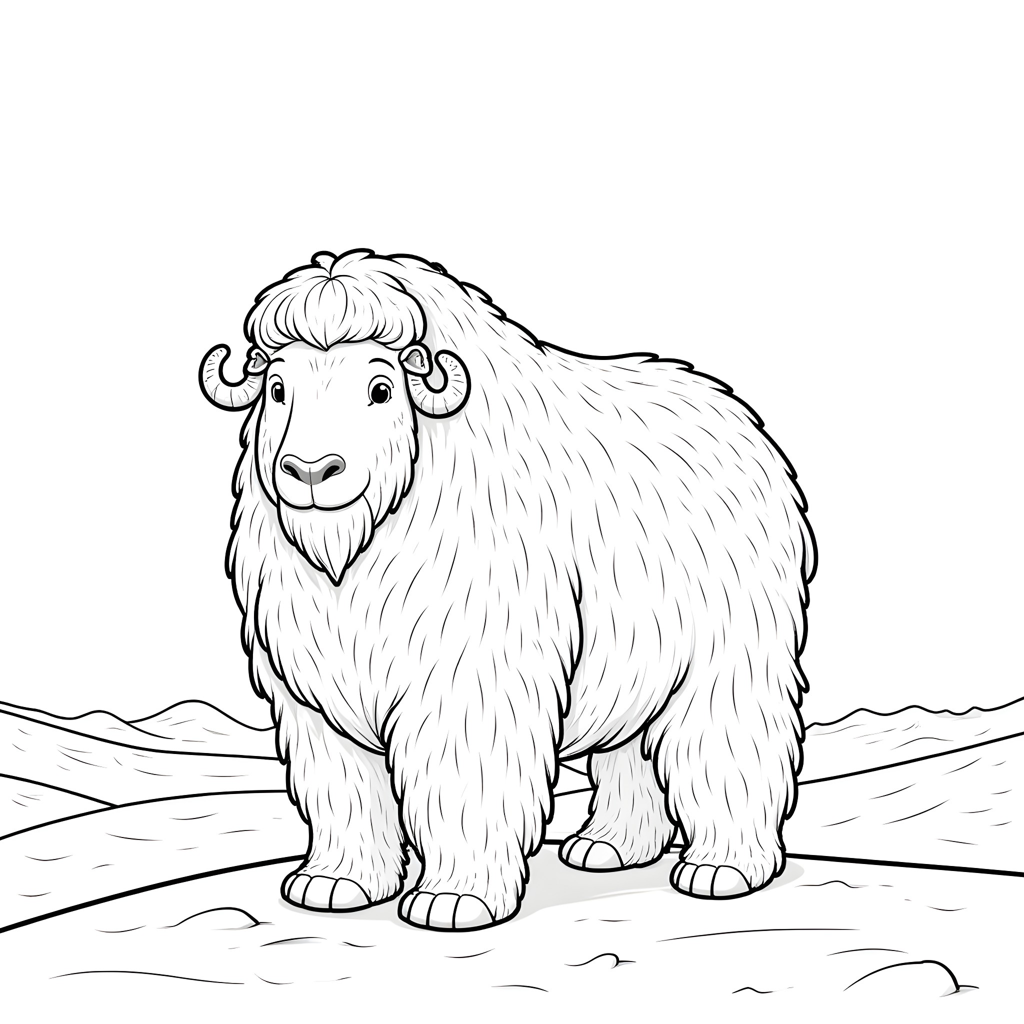 Musk Ox standing tall in the landscape Coloring Page (free black-and-white line drawing printable PDF for all, from beginners to advanced learners, including children, teens, adults, and seniors)