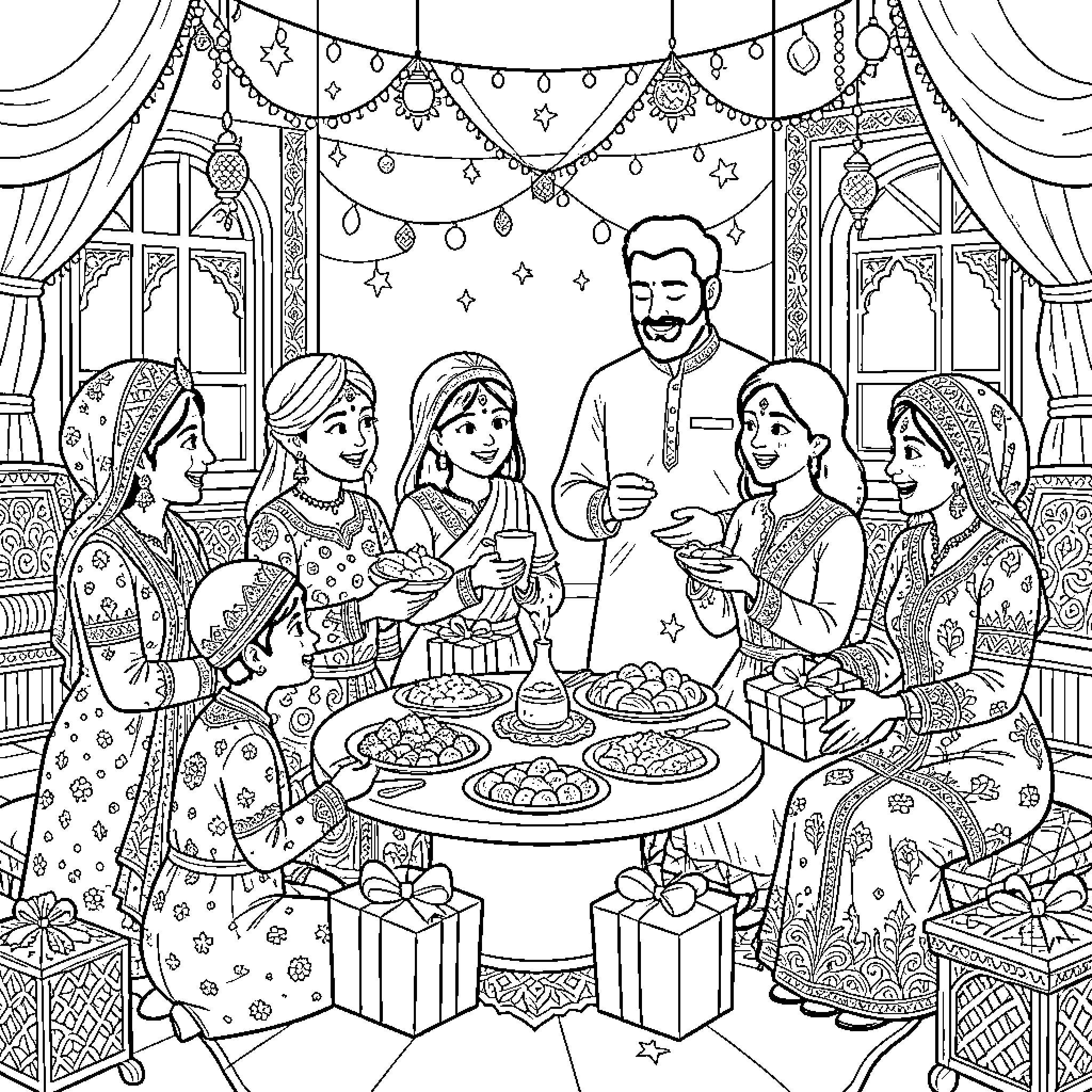 Eid family celebration with festive decorations Coloring Page (free black-and-white line drawing printable PDF for all, from beginners to advanced learners, including children, teens, adults, and seniors)