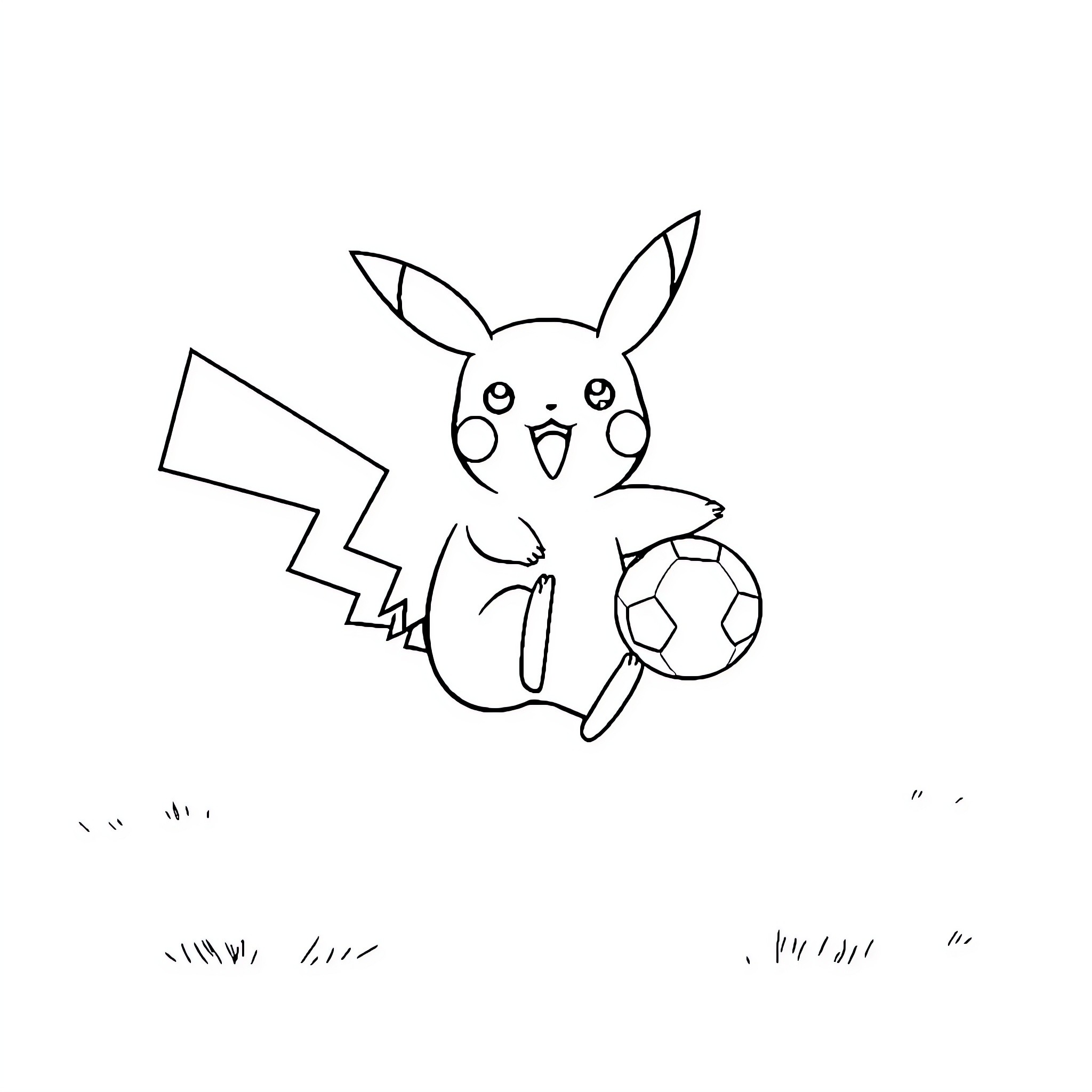 Pikachu playing with a soccer ball Coloring Page (free black-and-white line drawing printable PDF for all, from beginners to advanced learners, including children, teens, adults, and seniors)