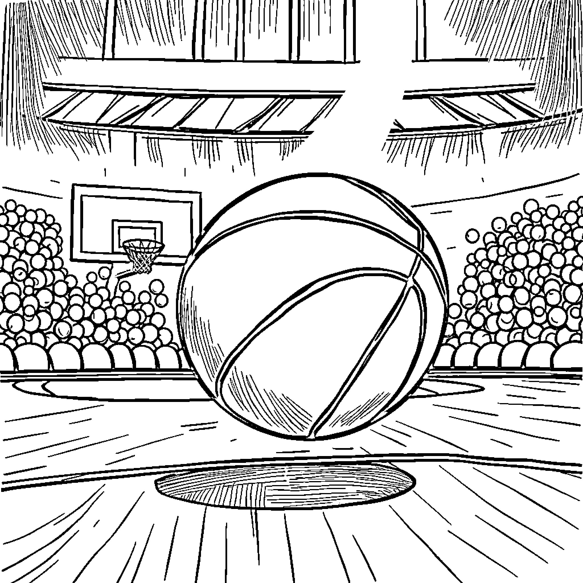 Basketball game in an indoor arena Coloring Page (free black-and-white line drawing printable PDF for all, from beginners to advanced learners, including children, teens, adults, and seniors)
