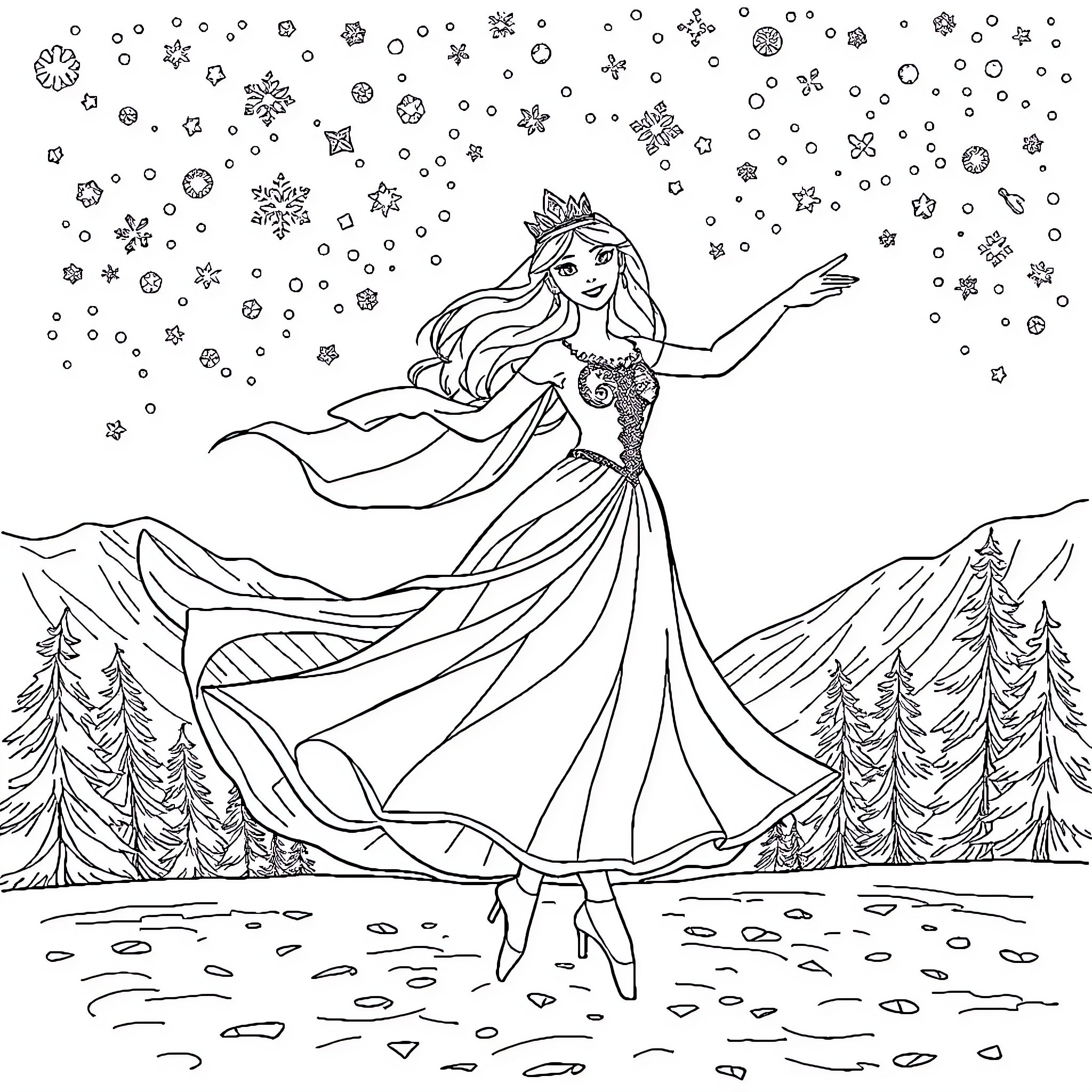 Snow Queen dancing in the wintery landscape Coloring Page (free black-and-white line drawing printable PDF for all, from beginners to advanced learners, including children, teens, adults, and seniors)