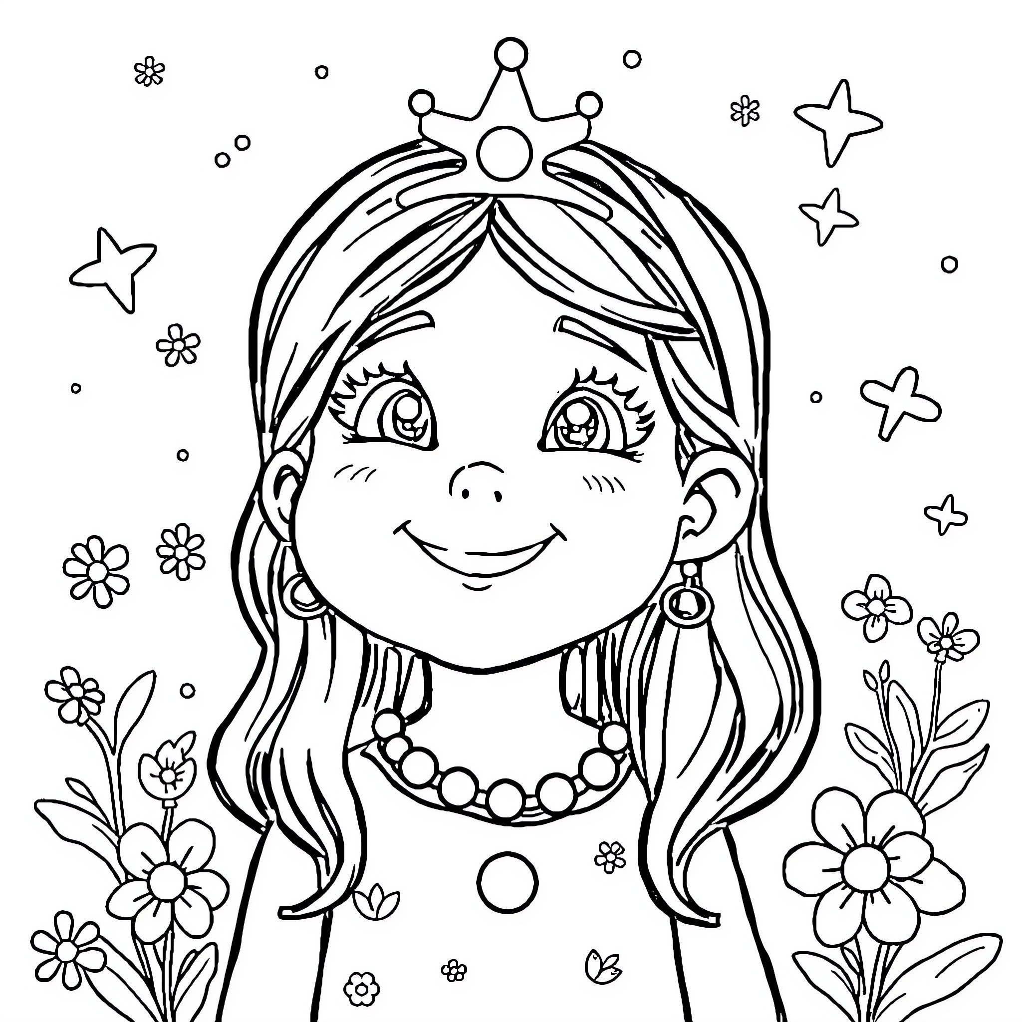 Girl in a crown surrounded by flowers Coloring Page (free black-and-white line drawing printable PDF for all, from beginners to advanced learners, including children, teens, adults, and seniors)
