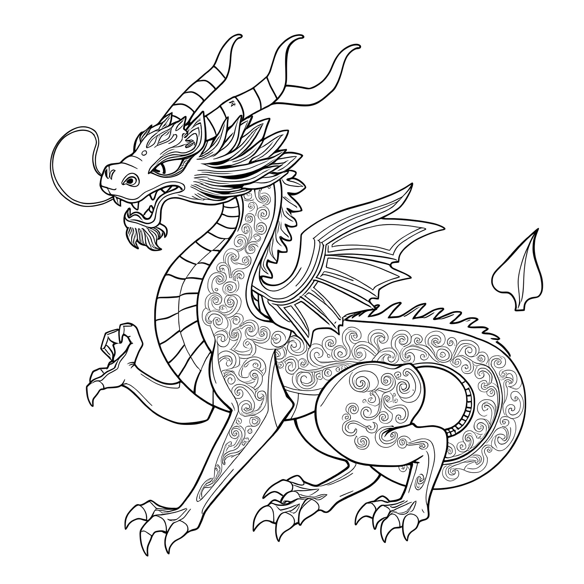 Mishipeshu, the mythical water serpent swimming gracefully Coloring Page (free black-and-white line drawing printable PDF for all, from beginners to advanced learners, including children, teens, adults, and seniors)