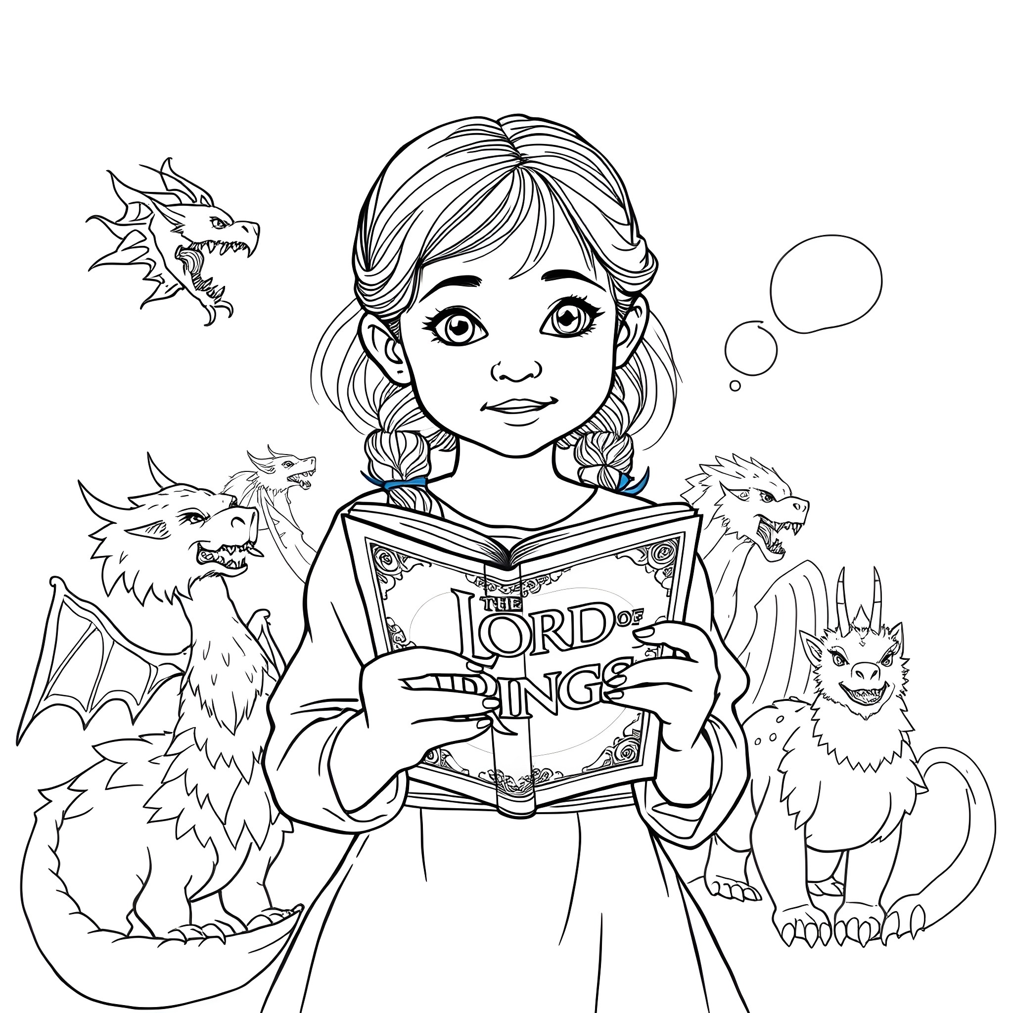 Girl reading fantasy book surrounded by mythical creatures Coloring Page (free black-and-white line drawing printable PDF for all, from beginners to advanced learners, including children, teens, adults, and seniors)