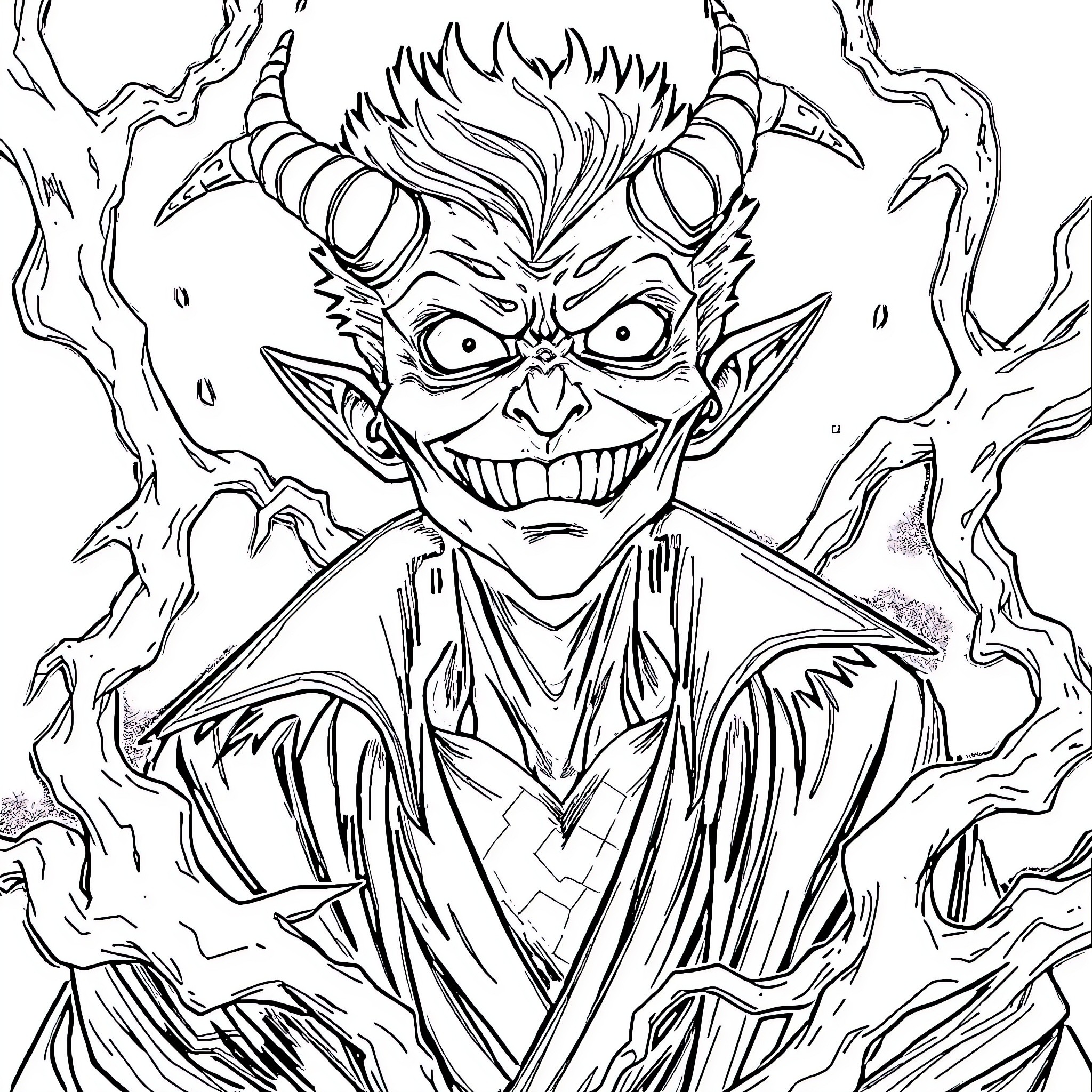 Mahito's Sinister Supernatural Presence Coloring Page (free black-and-white line drawing printable PDF for all, from beginners to advanced learners, including children, teens, adults, and seniors)