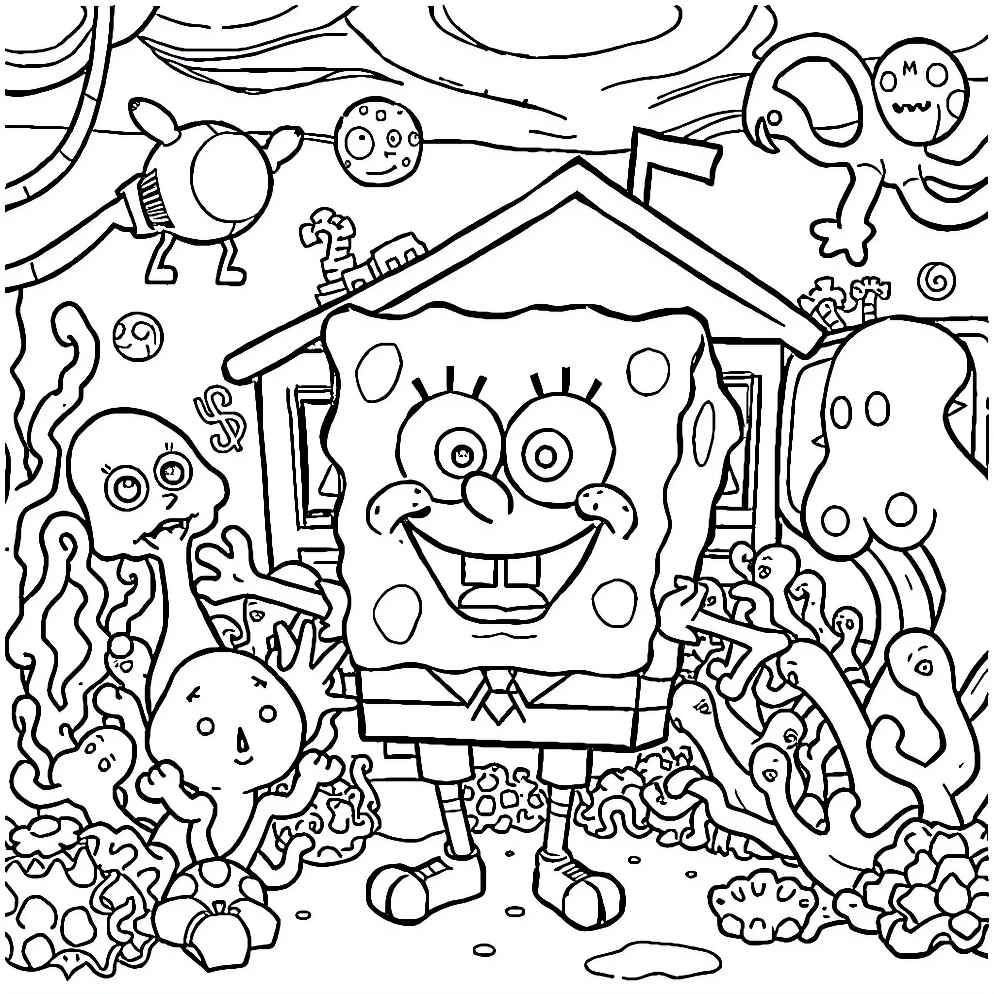 Spongebob and his friends in a playful cartoon scene Coloring Page (free black-and-white line drawing printable PDF for all, from beginners to advanced learners, including children, teens, adults, and seniors)