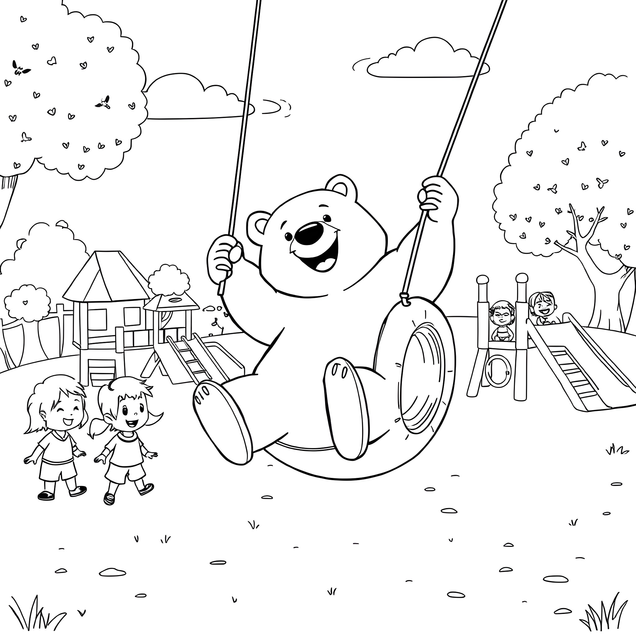 Bear playing happily on a swing in the park Coloring Page (free black-and-white line drawing printable PDF for all, from beginners to advanced learners, including children, teens, adults, and seniors)
