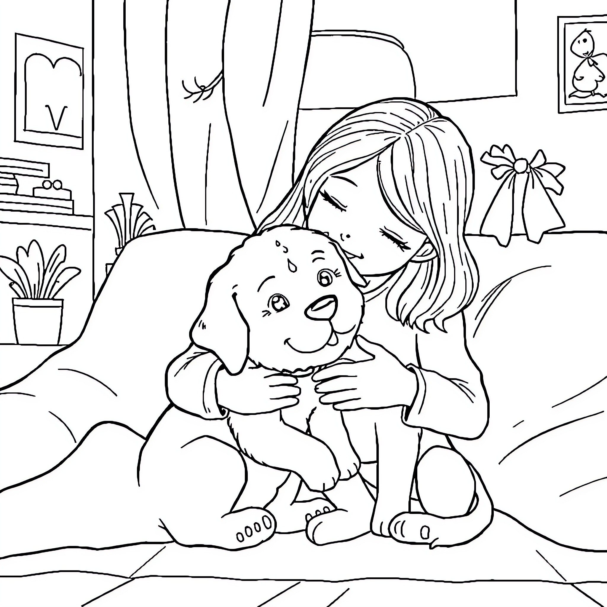 Dog Being Comforted by Young Girl Coloring Page (free black-and-white line drawing printable PDF for all, from beginners to advanced learners, including children, teens, adults, and seniors)