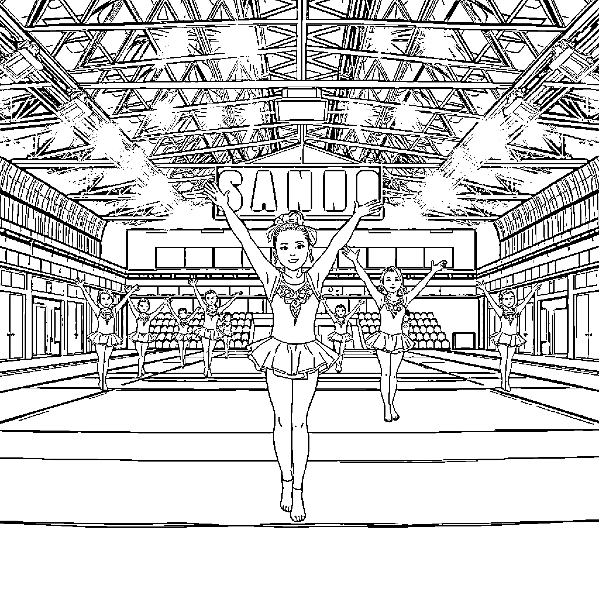 Gymnast performing on stage in front of audience Coloring Page (free black-and-white line drawing printable PDF for all, from beginners to advanced learners, including children, teens, adults, and seniors)